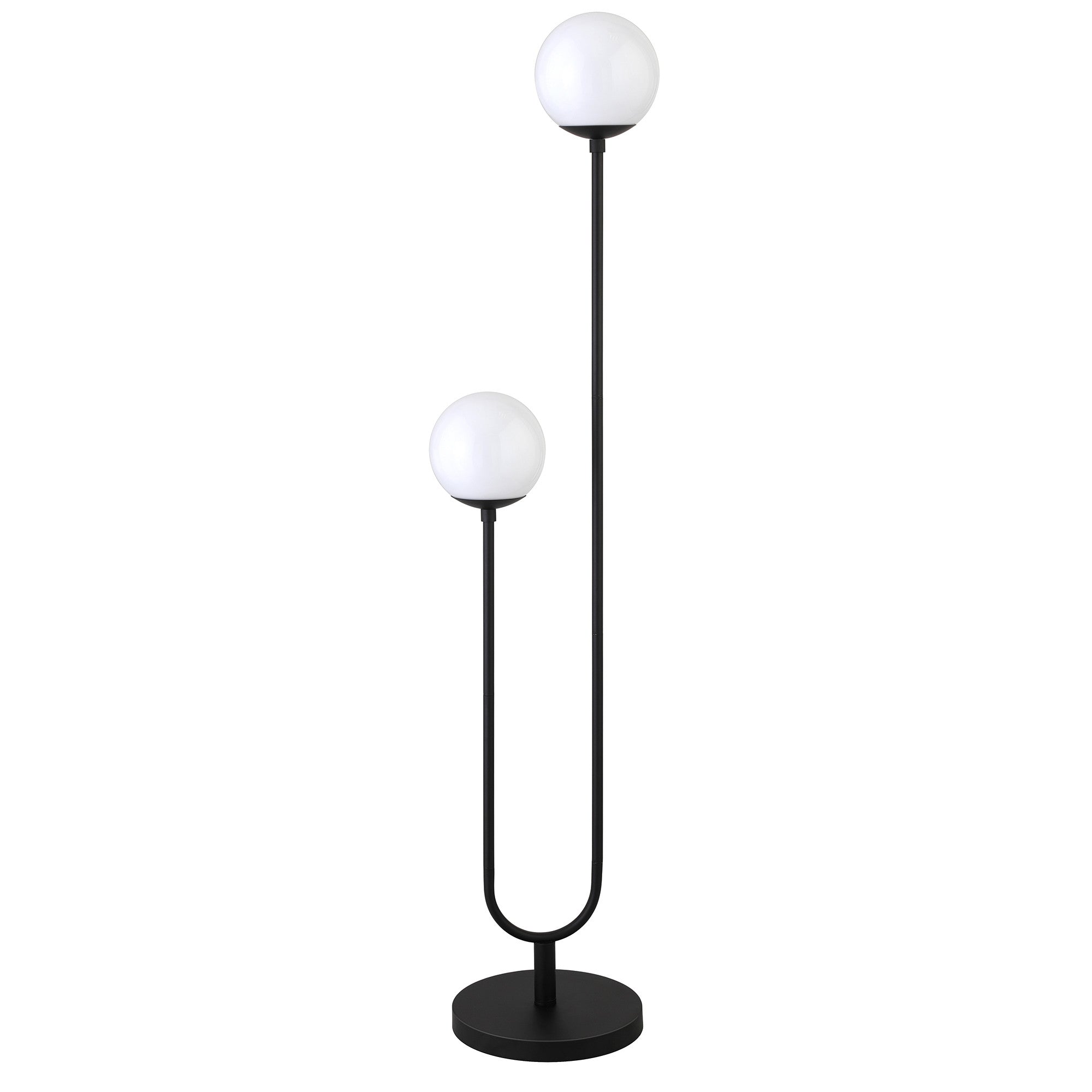 69" Black Two Light Novelty Floor Lamp With White Frosted Glass Globe Shade