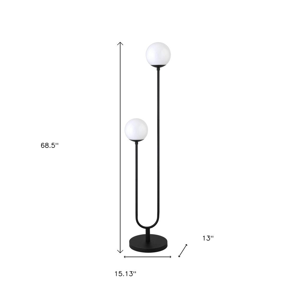69" Black Two Light Novelty Floor Lamp With White Frosted Glass Globe Shade