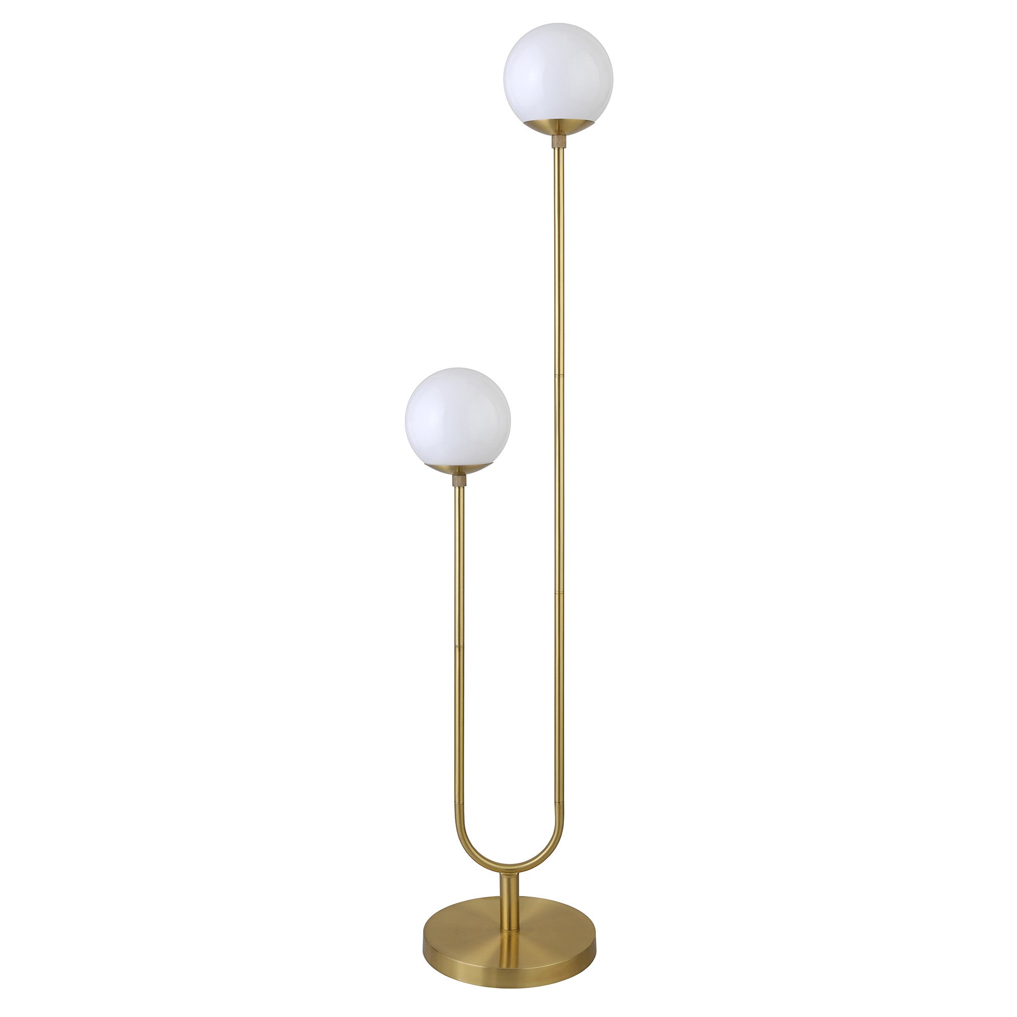 69" Brass Two Light Novelty Floor Lamp With White Frosted Glass Globe Shade
