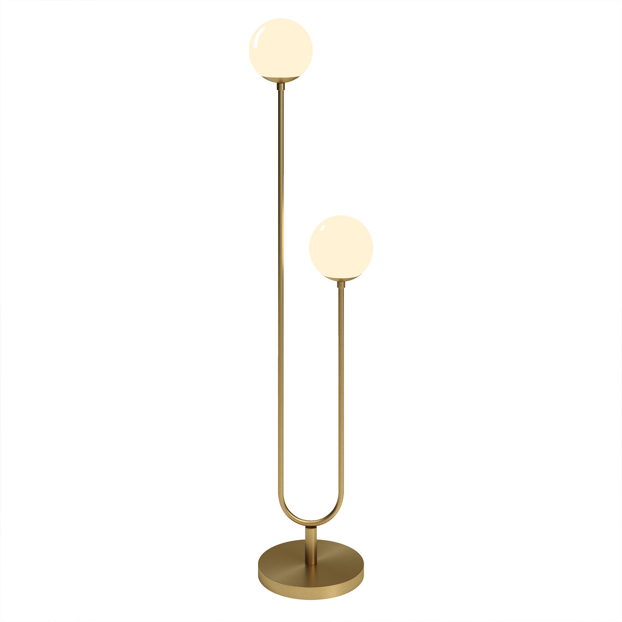 69" Brass Two Light Novelty Floor Lamp With White Frosted Glass Globe Shade