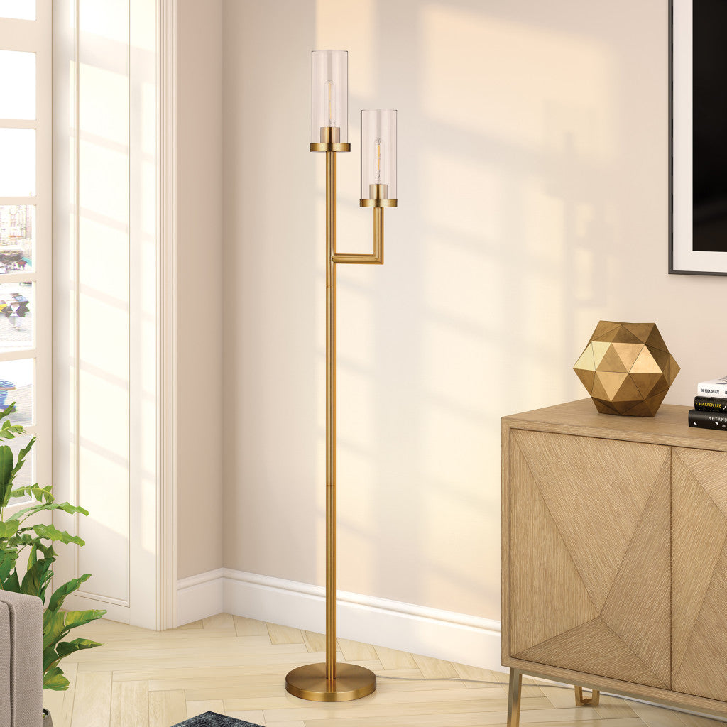 69" Brass Two Light Torchiere Floor Lamp With Clear Transparent Glass Drum Shade