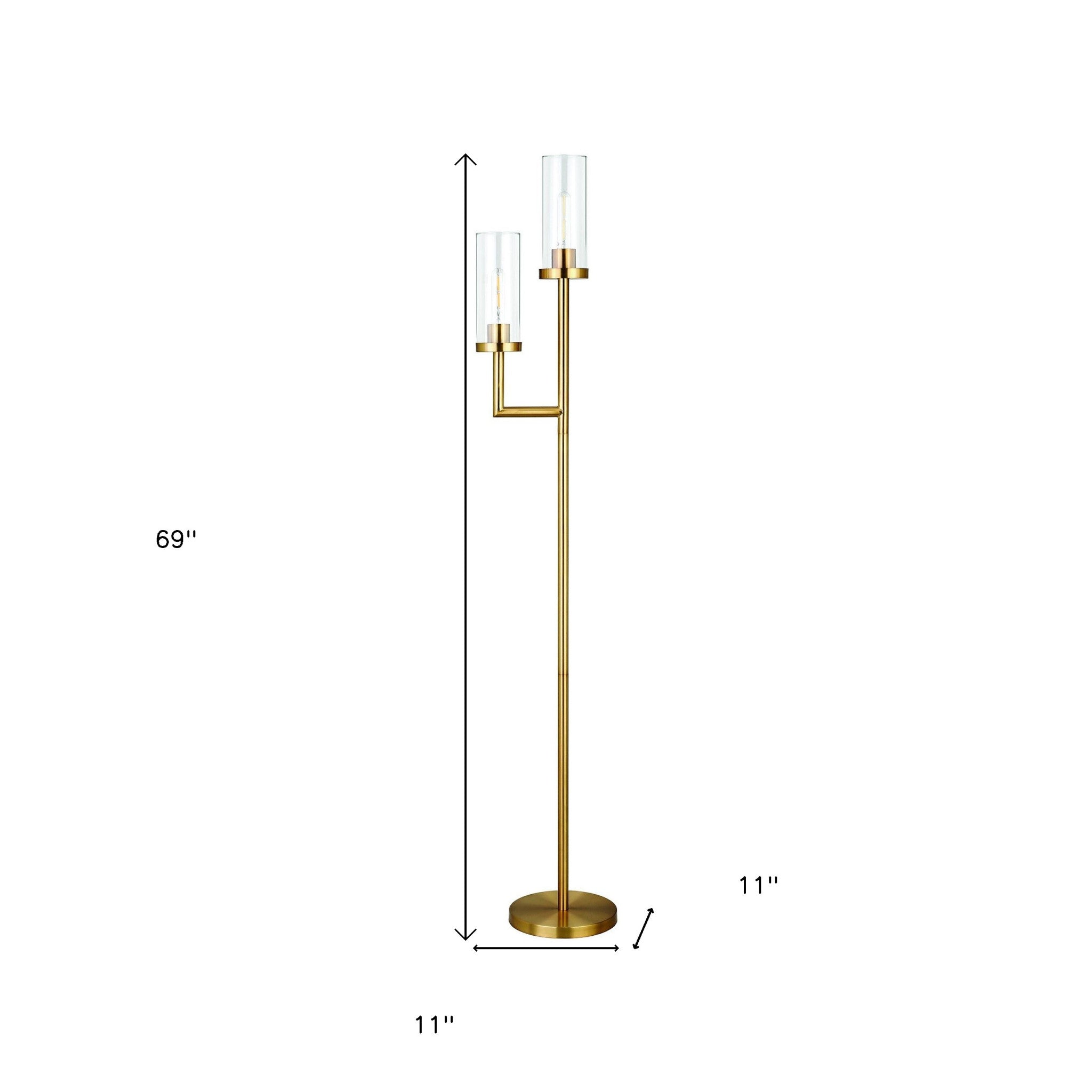 69" Brass Two Light Torchiere Floor Lamp With Clear Transparent Glass Drum Shade