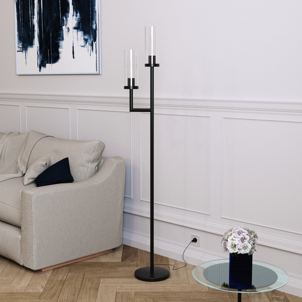 69" Black Two Light Torchiere Floor Lamp With Clear Transparent Glass Drum Shade