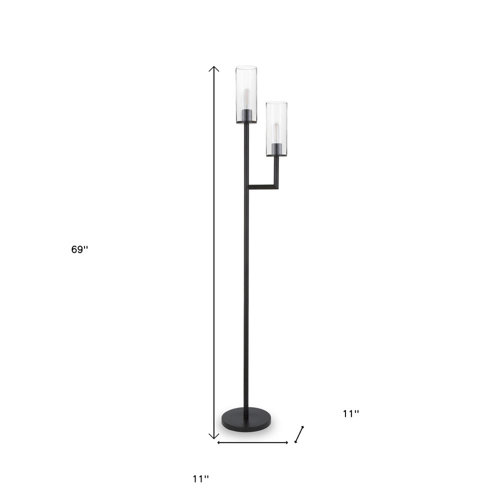 69" Black Two Light Torchiere Floor Lamp With Clear Transparent Glass Drum Shade