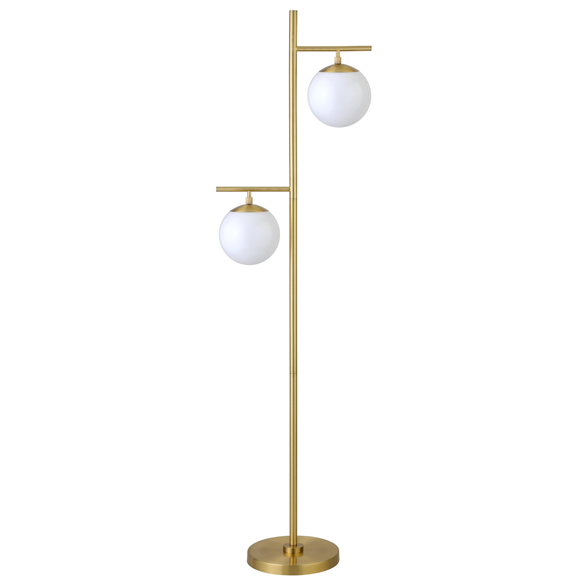 71" Brass Two Light Tree Floor Lamp With White Frosted Glass Globe Shade