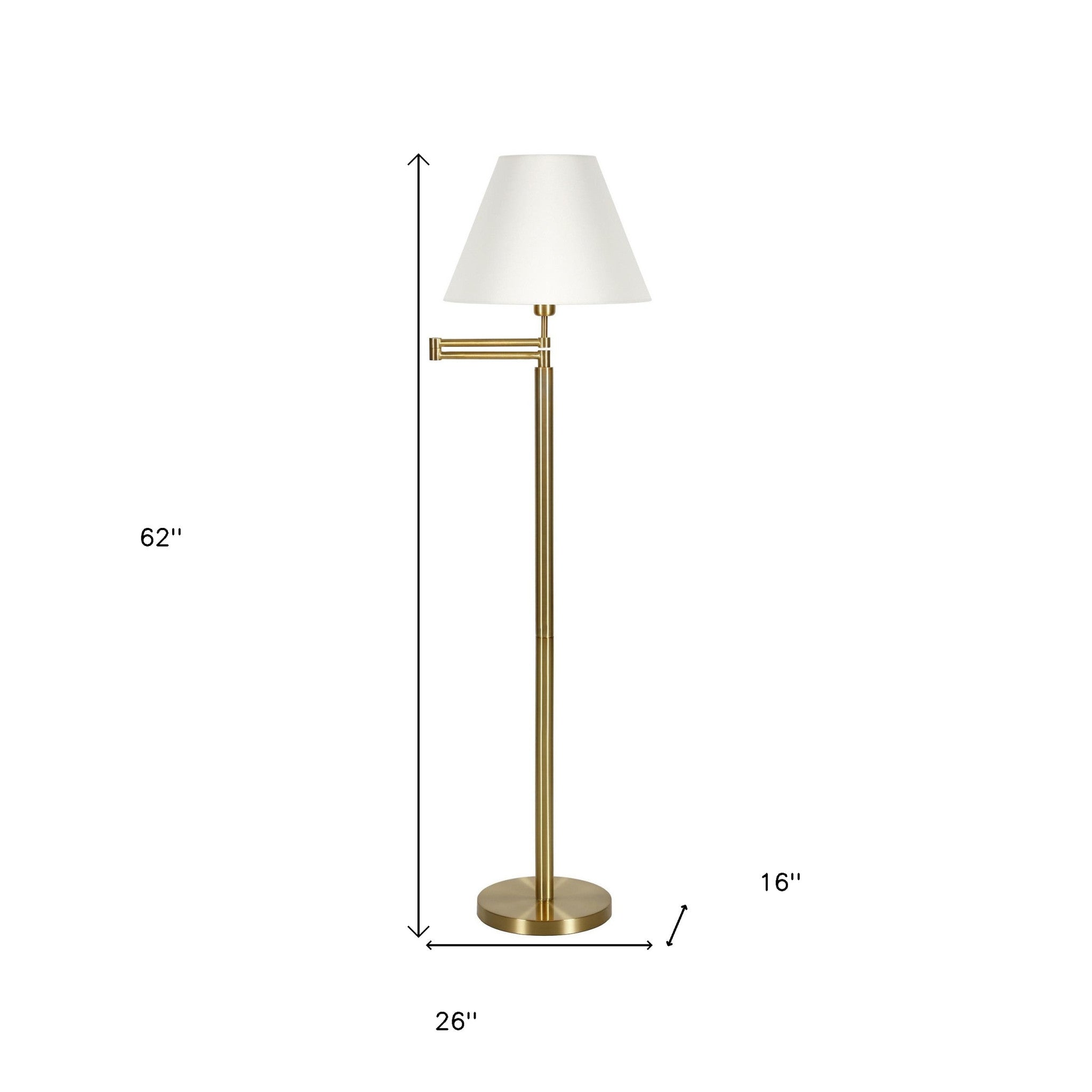 62" Gold And White Swing Arm Floor Lamp With White Fabric Empire Shade