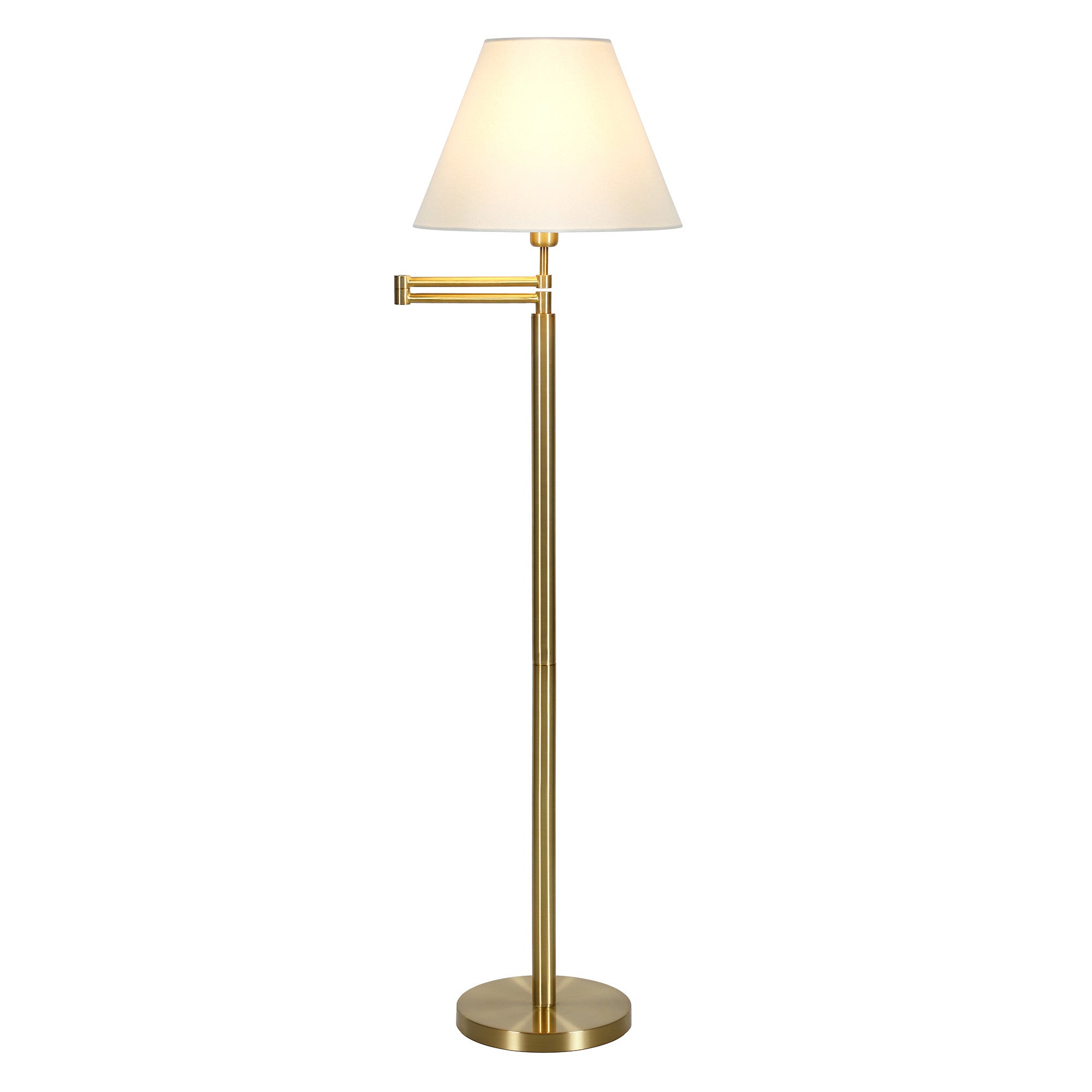 62" Gold And White Swing Arm Floor Lamp With White Fabric Empire Shade