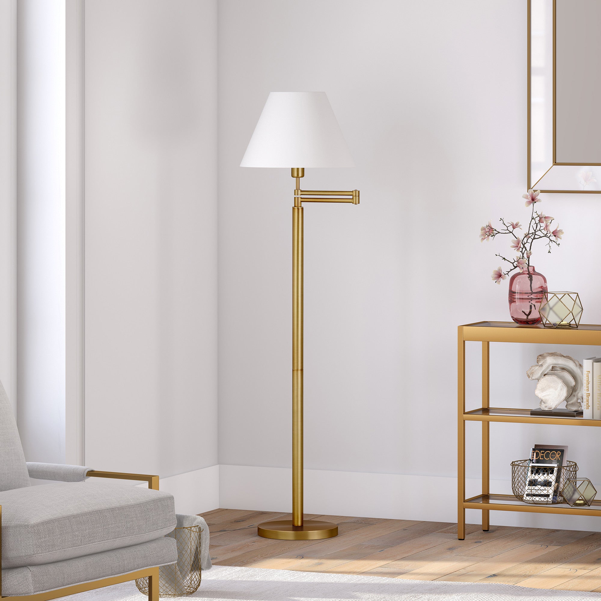 62" Gold And White Swing Arm Floor Lamp With White Fabric Empire Shade