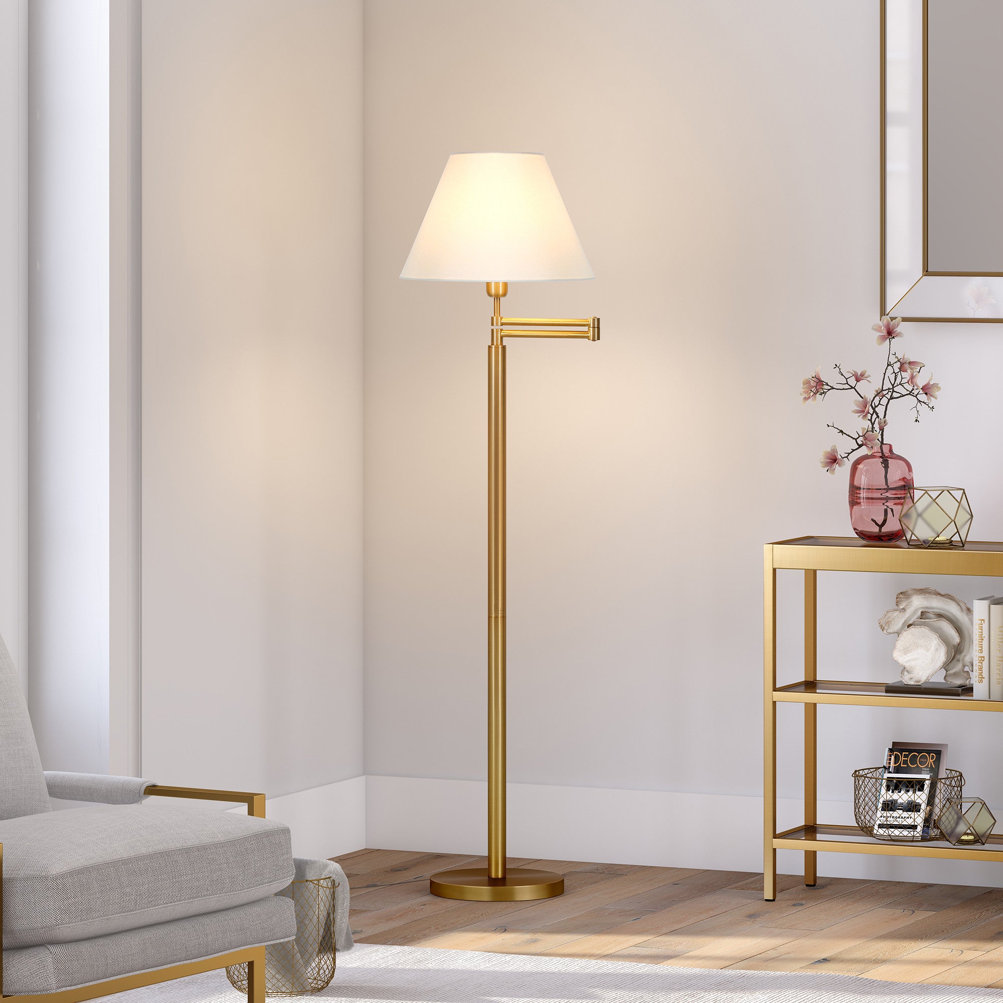 62" Brass Swing Arm Floor Lamp With White Frosted Glass Empire Shade