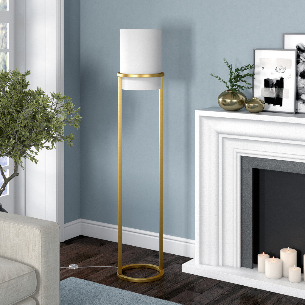 62" Brass Column Floor Lamp With White Frosted Glass Drum Shade