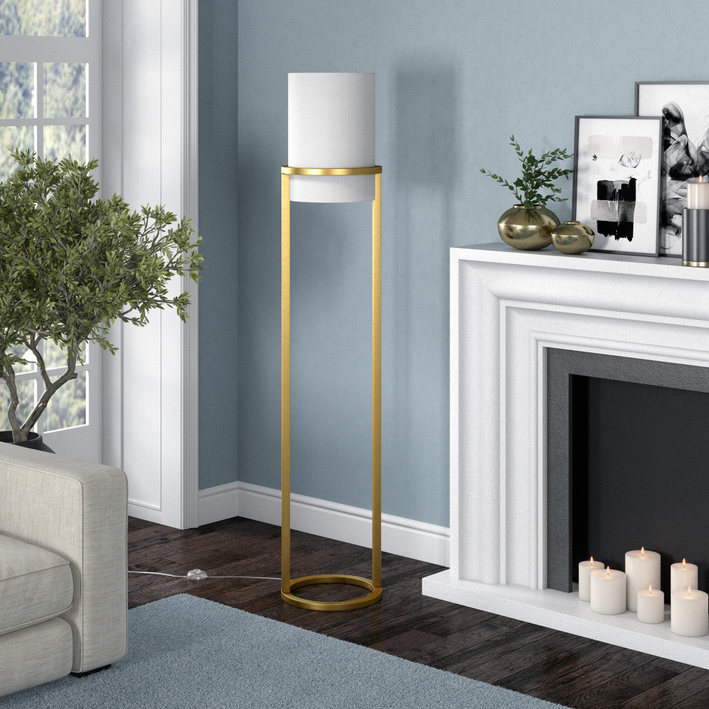 62" Brass Column Floor Lamp With White Frosted Glass Drum Shade