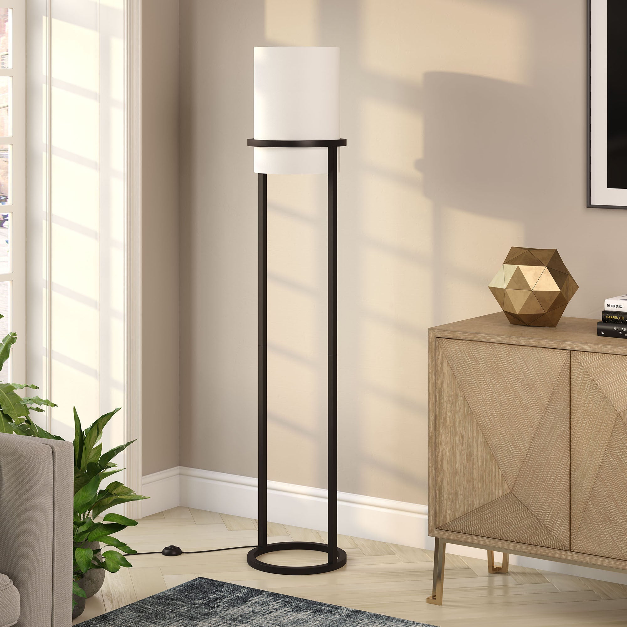 62" Black Column Floor Lamp With White Frosted Glass Drum Shade
