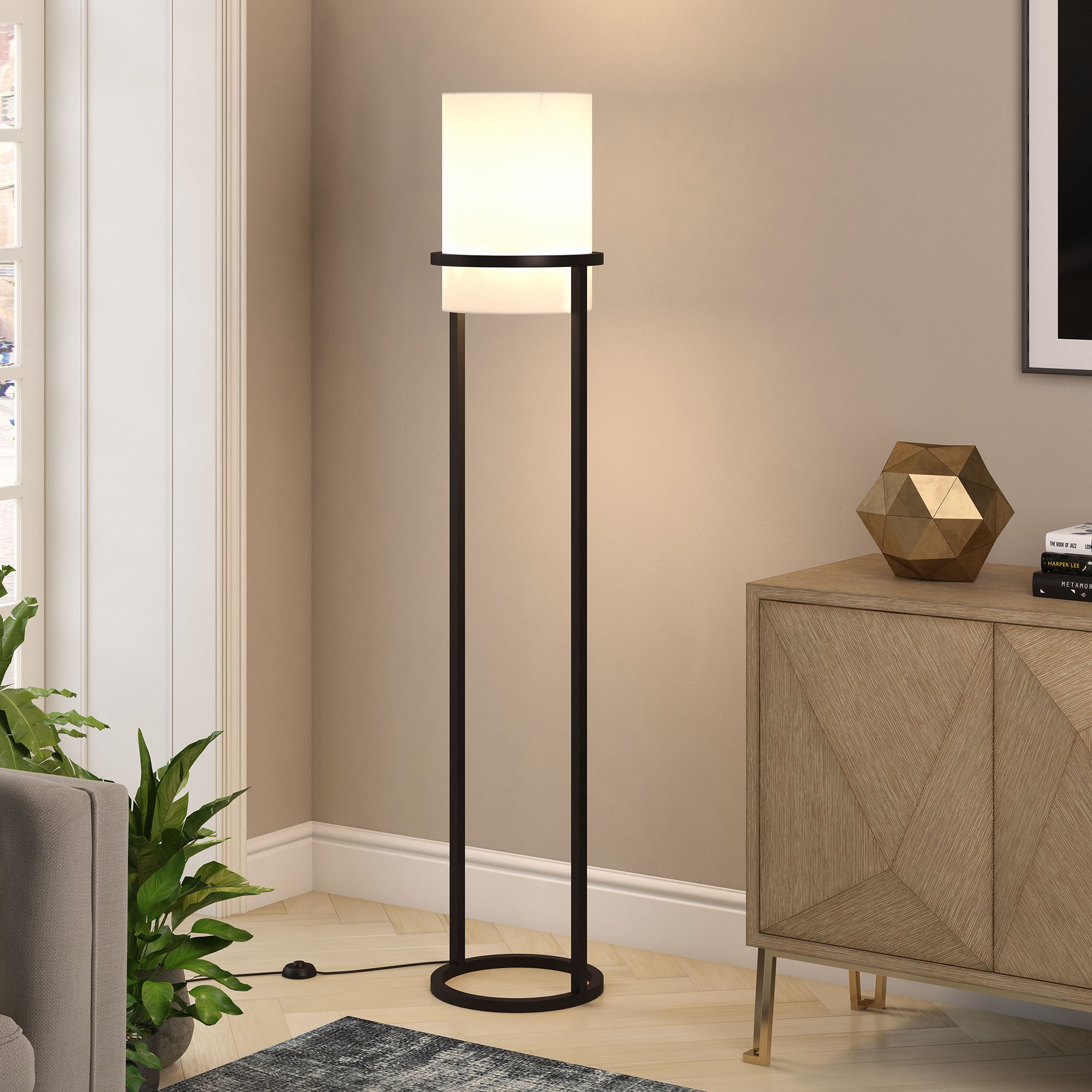 62" Black Column Floor Lamp With White Frosted Glass Drum Shade