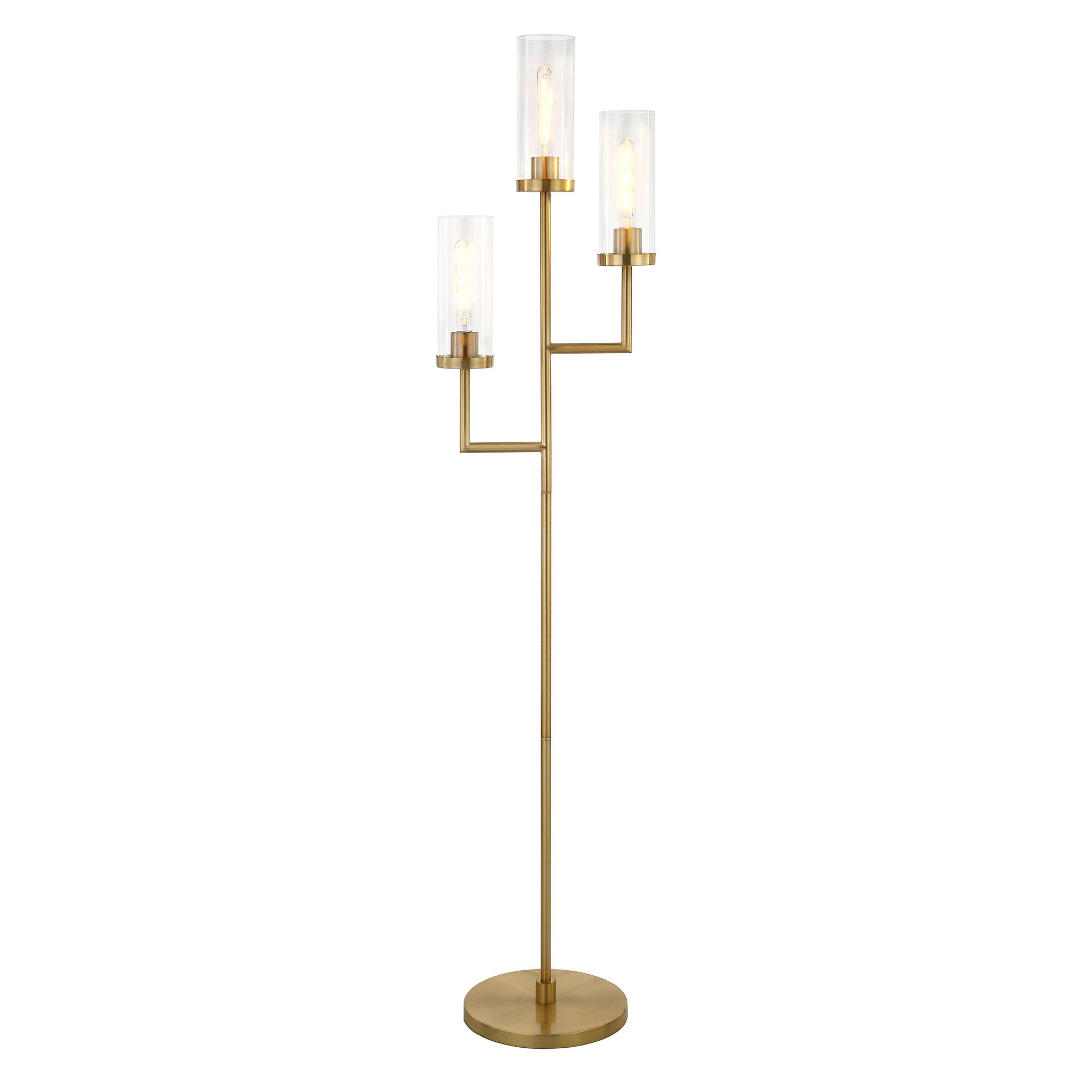 69" Brass Three Light Torchiere Floor Lamp With Clear Transparent Glass Drum Shade