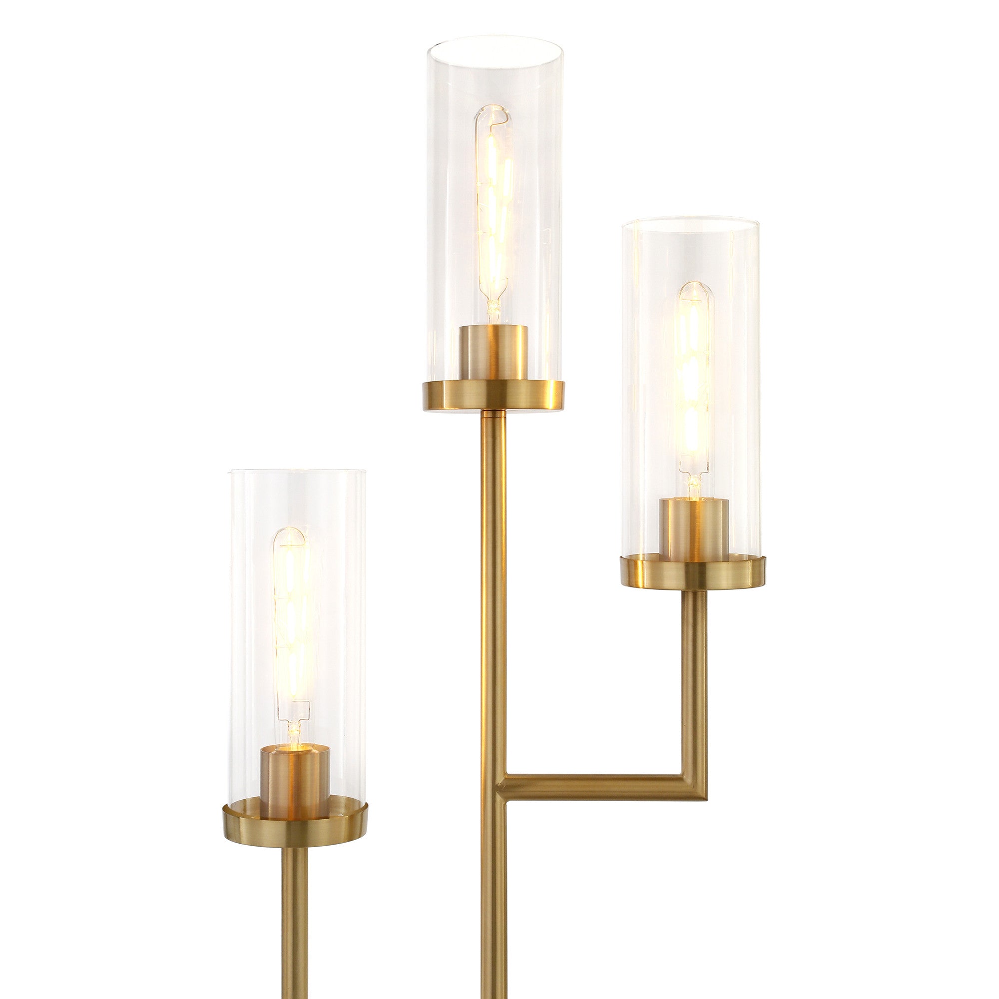 69" Brass Three Light Torchiere Floor Lamp With Clear Transparent Glass Drum Shade