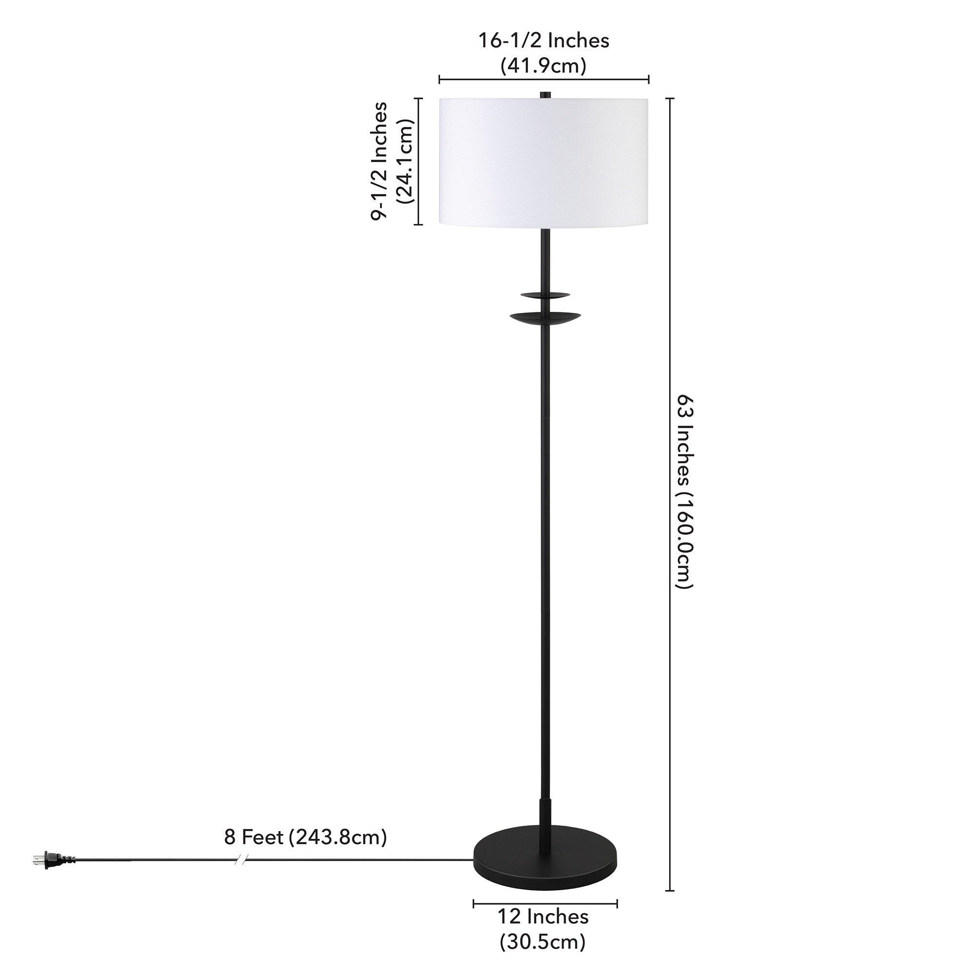 63" Black Traditional Shaped Floor Lamp With White Frosted Glass Drum Shade