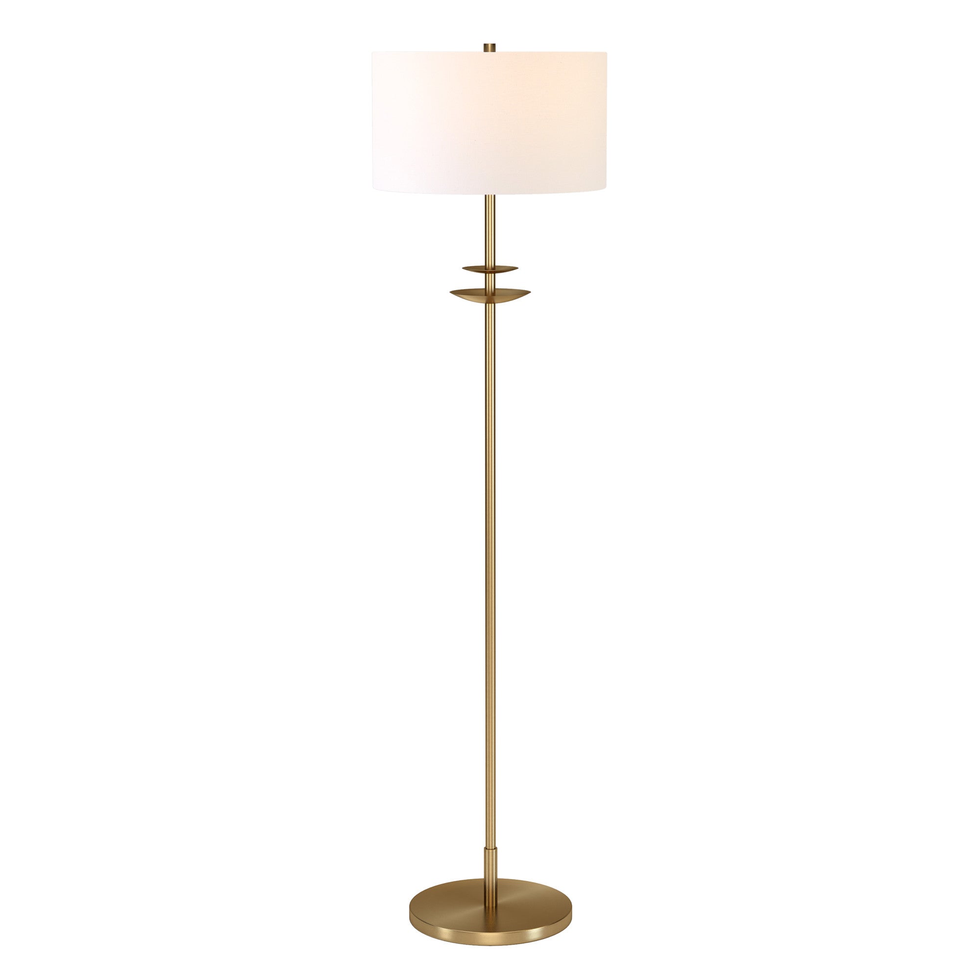 63" Brass Traditional Shaped Floor Lamp With White Frosted Glass Drum Shade