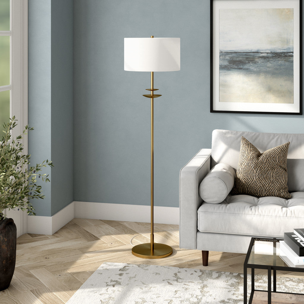 63" Brass Traditional Shaped Floor Lamp With White Frosted Glass Drum Shade