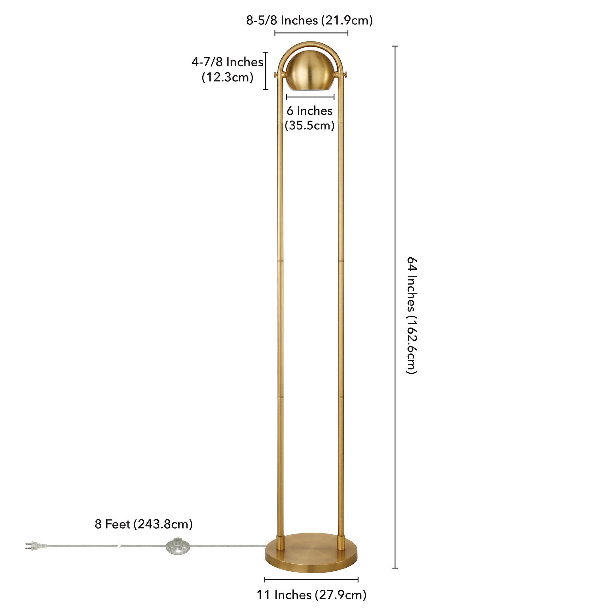 64" Brass Column Floor Lamp With Gold Globe Shade