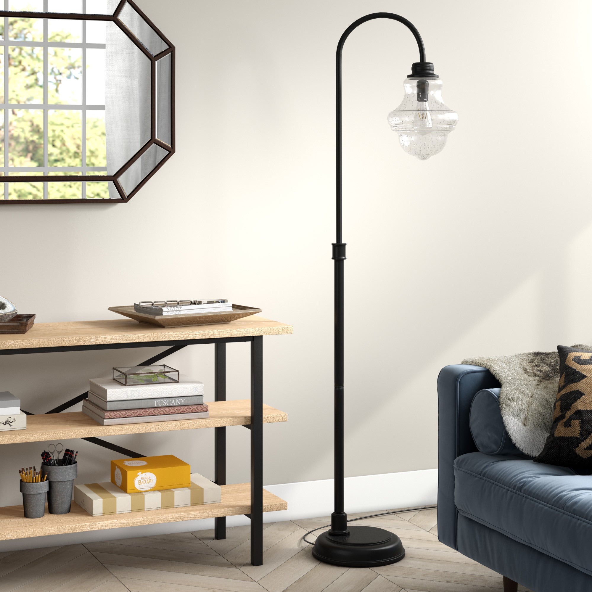 70" Black Arched Floor Lamp With Clear Seeded Glass Empire Shade