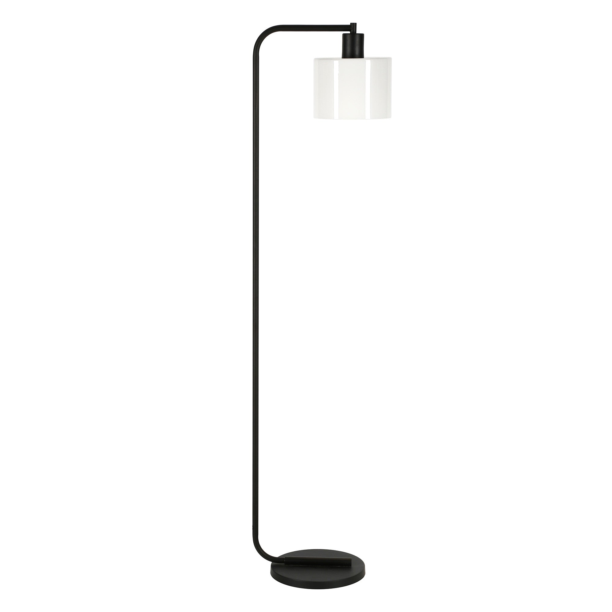 57" Black Arched Floor Lamp With White Frosted Glass Drum Shade