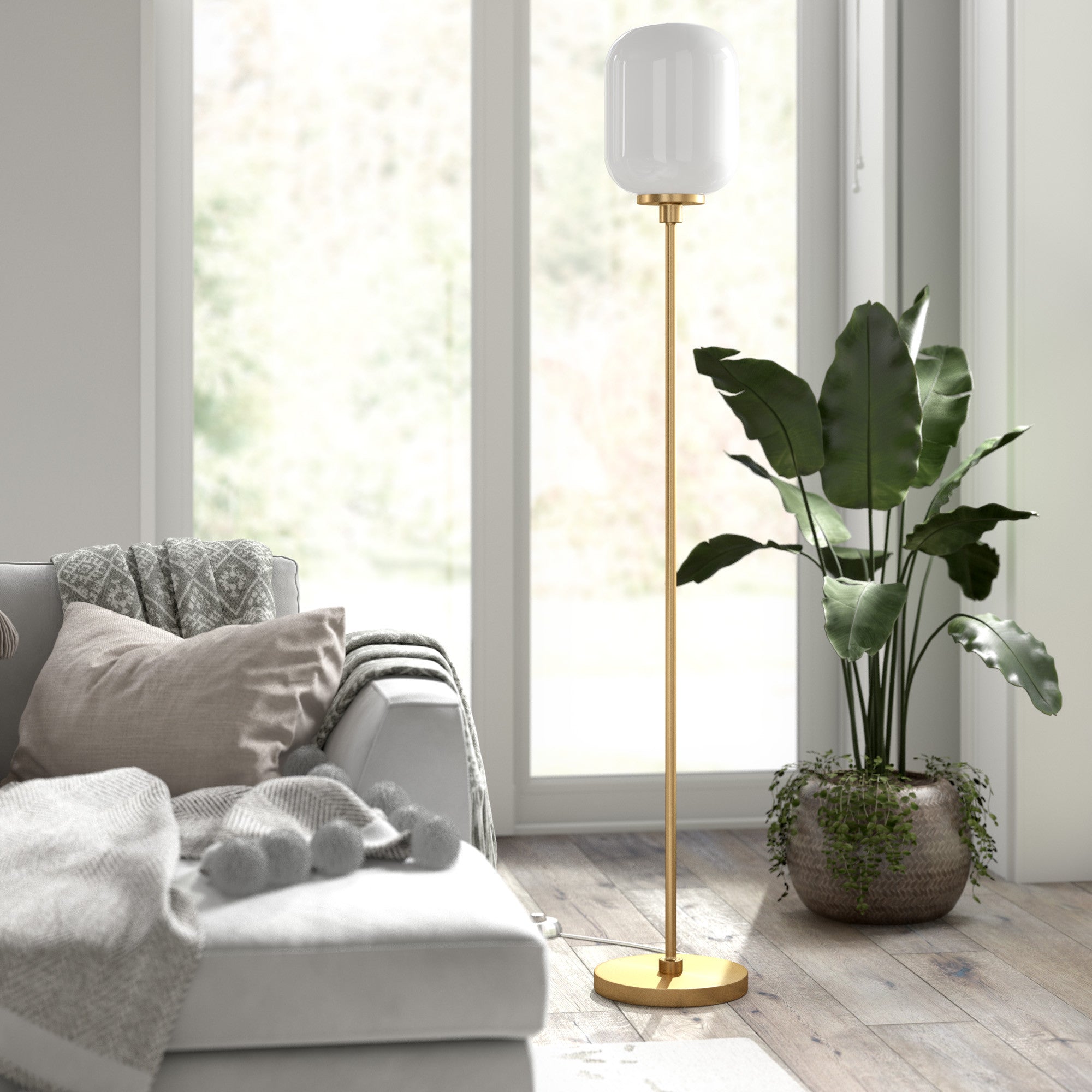 69" Brass Novelty Floor Lamp With White Frosted Glass Globe Shade