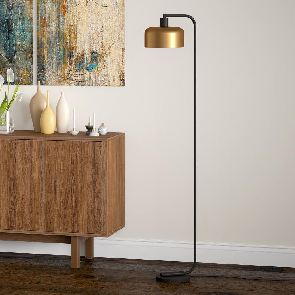 57" Black Arched Floor Lamp With Brass Bell Shade