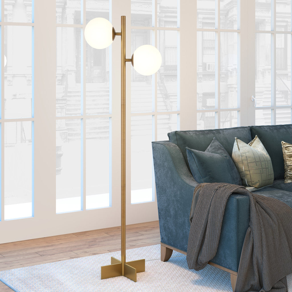 70" Brass Two Light Tree Floor Lamp With White Frosted Glass Globe Shade