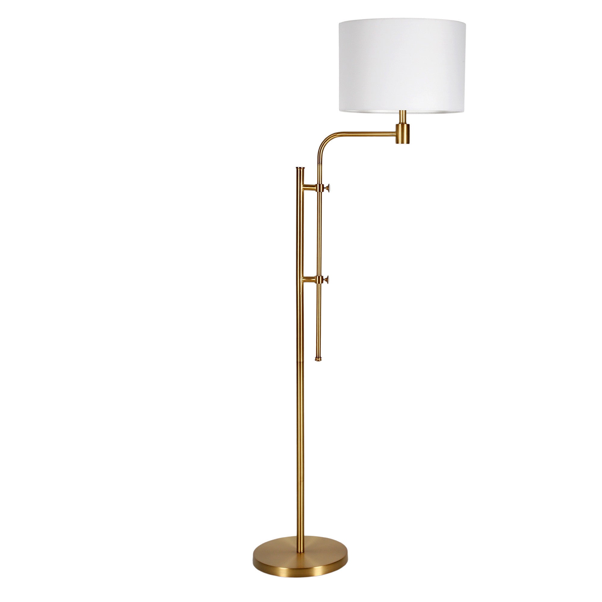 71" Brass Adjustable Floor Lamp With White Fabric Drum Shade