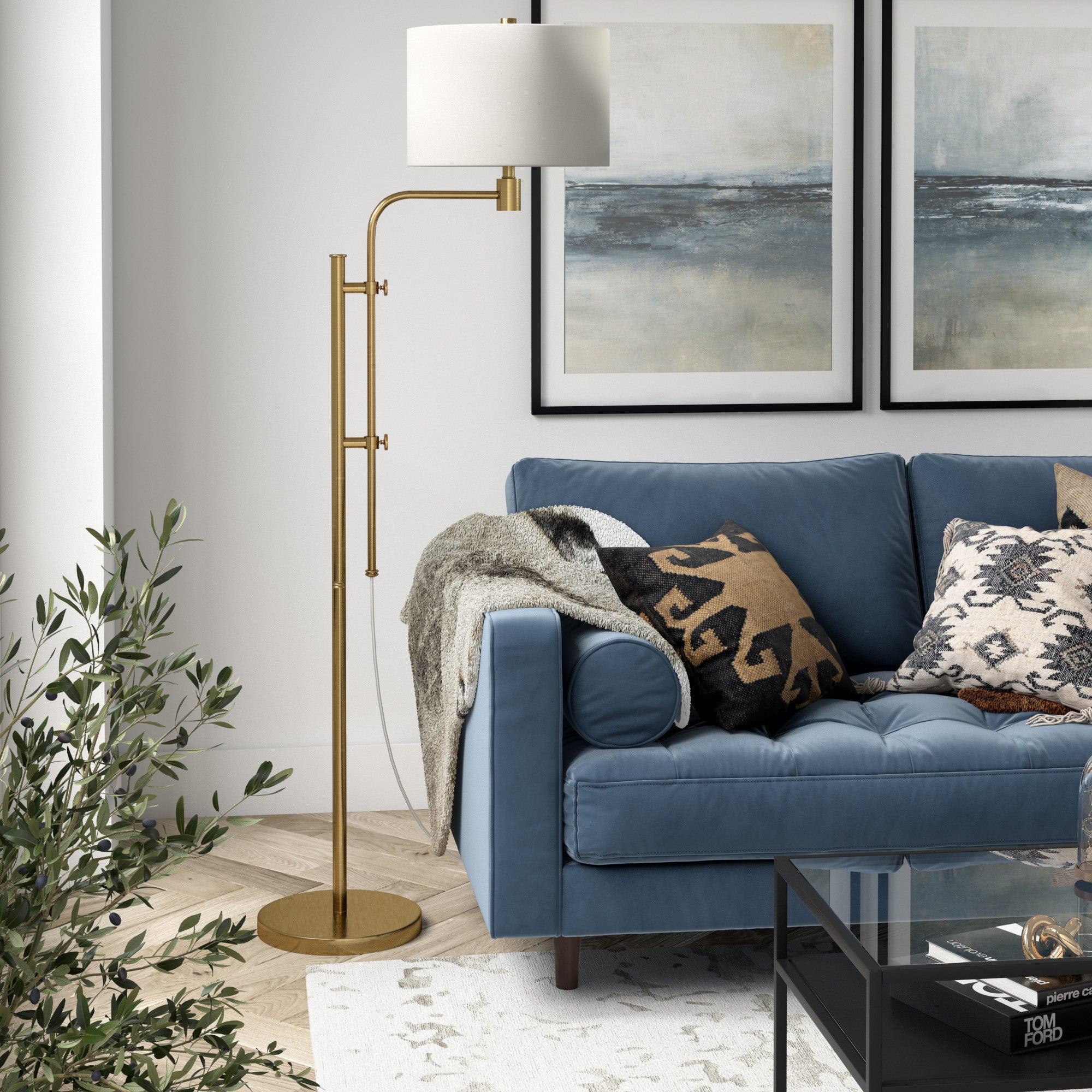 71" Brass Adjustable Floor Lamp With White Fabric Drum Shade