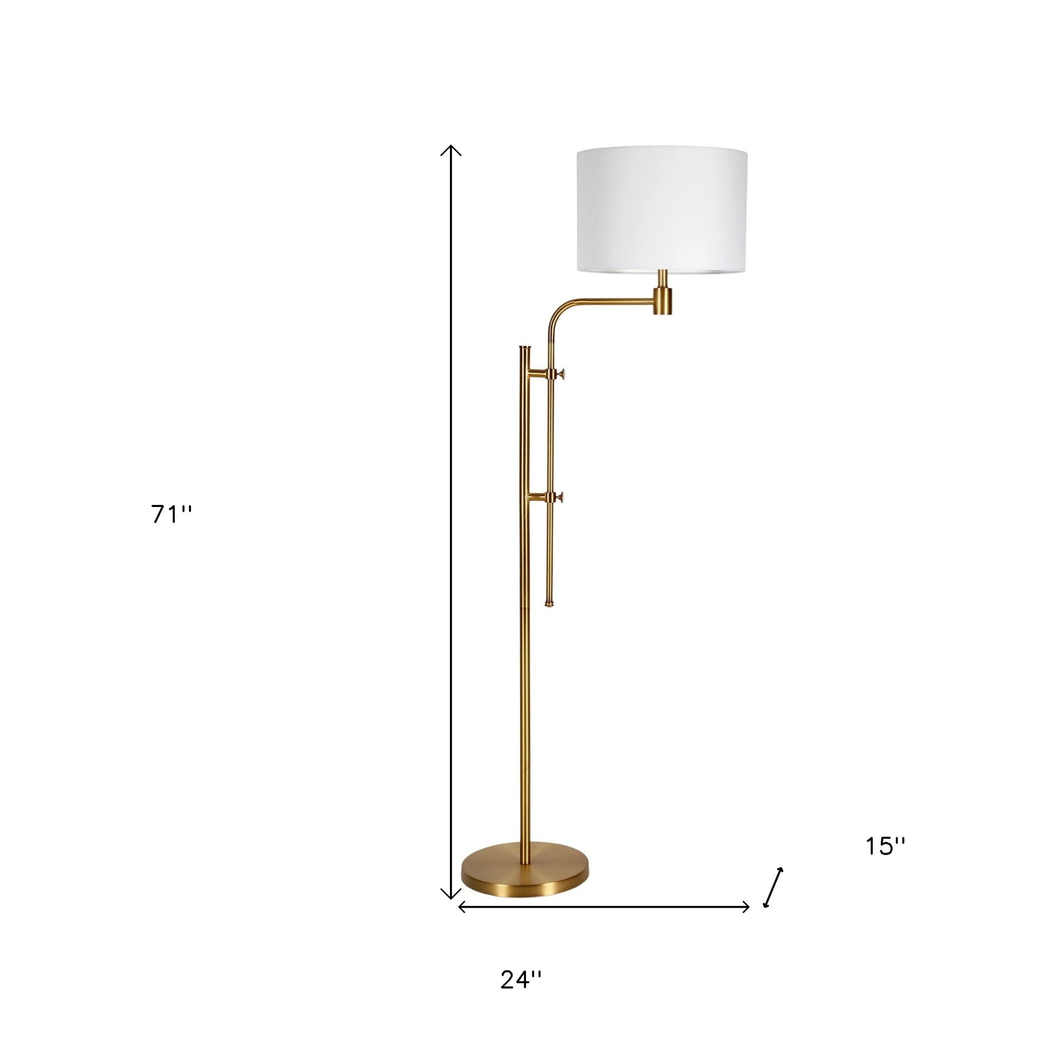 71" Brass Adjustable Floor Lamp With White Fabric Drum Shade