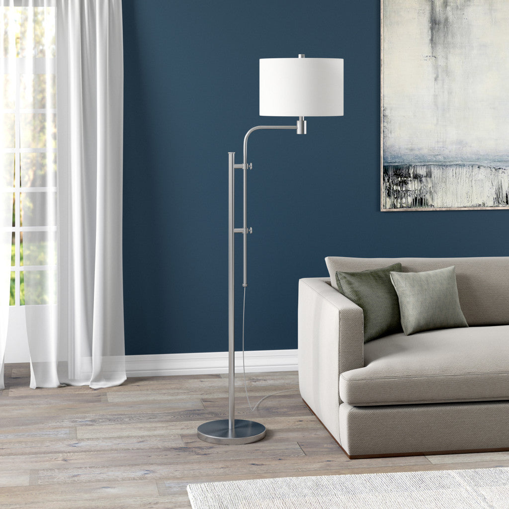 71" Nickel Adjustable Traditional Shaped Floor Lamp With White Frosted Glass Drum Shade