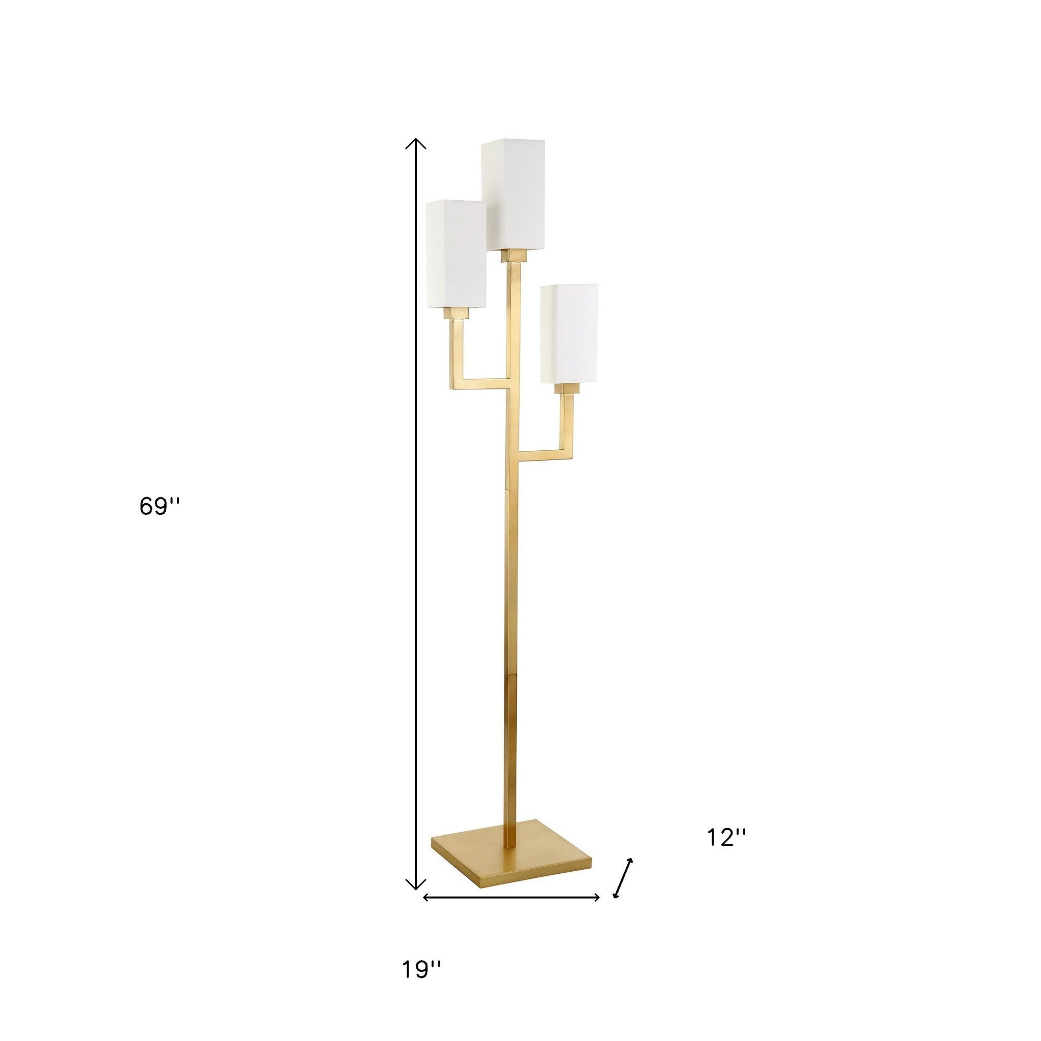 69" Brass Three Light Torchiere Floor Lamp With White Frosted Glass Rectangular Shade