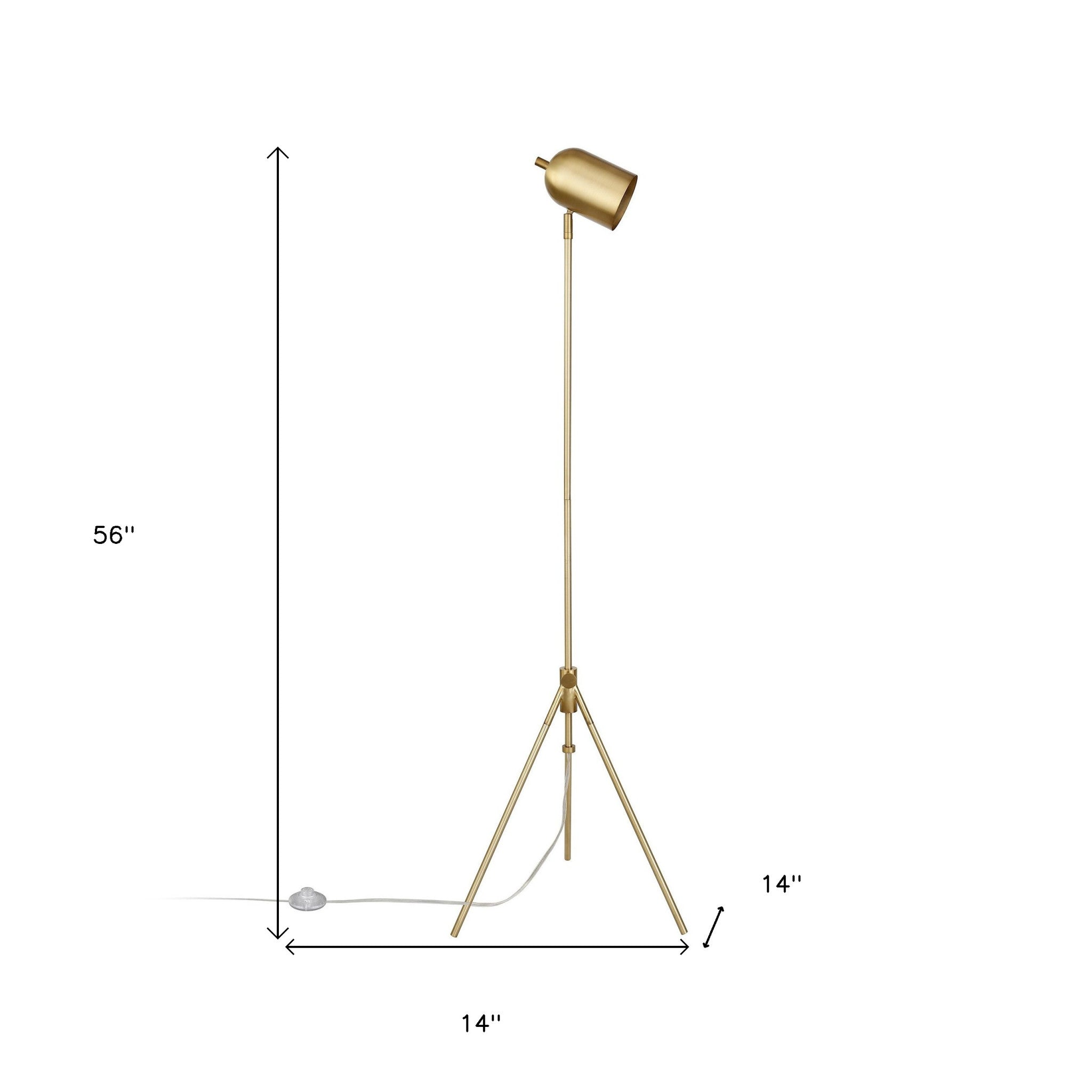 56" Brass Tripod Floor Lamp With Brass Dome Shade