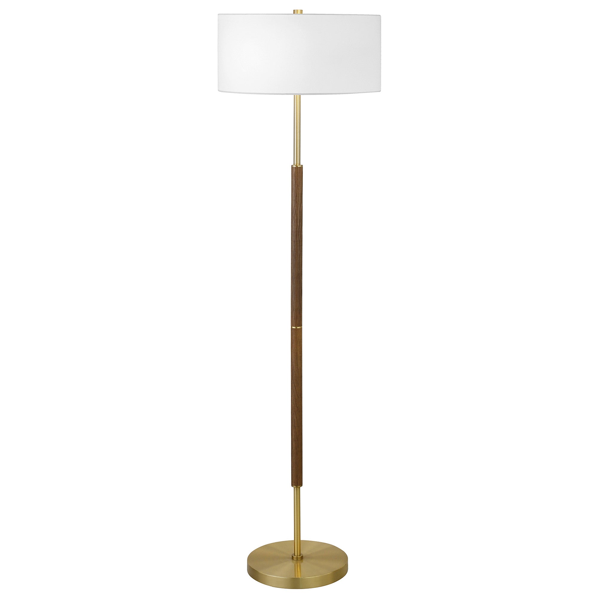61" Brass Two Light Floor Lamp With White Frosted Glass Drum Shade