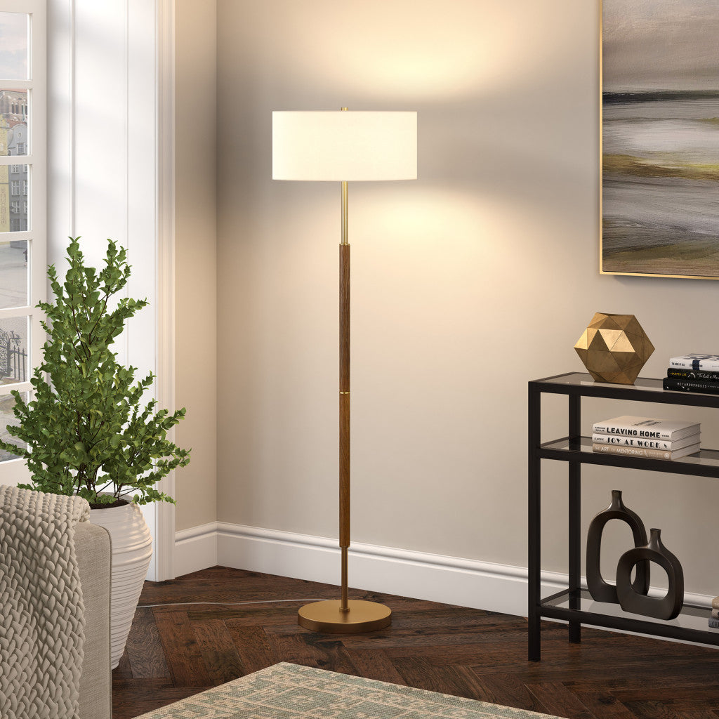 61" Brass Two Light Floor Lamp With White Frosted Glass Drum Shade