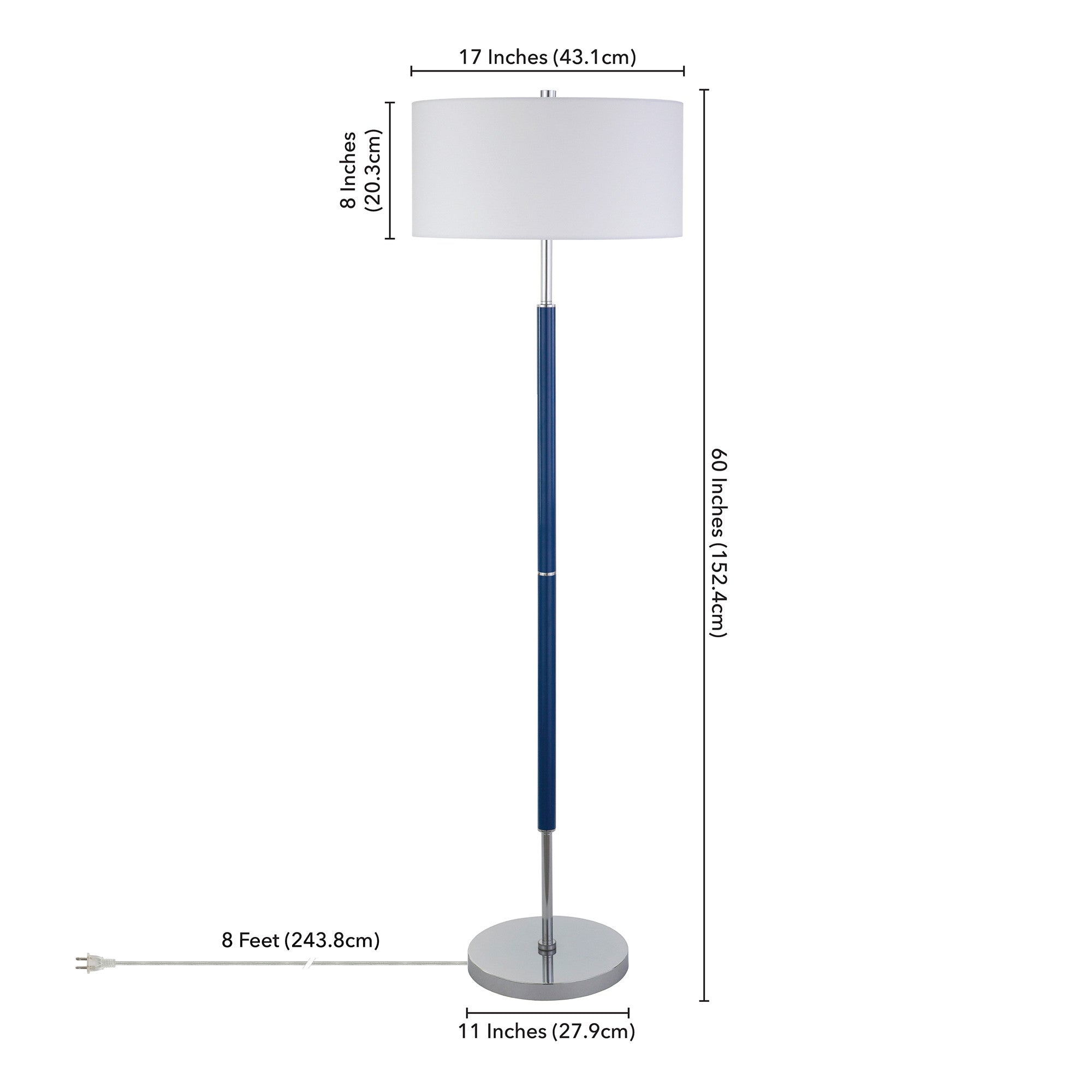 61" Blue Two Light Floor Lamp With White Frosted Glass Drum Shade