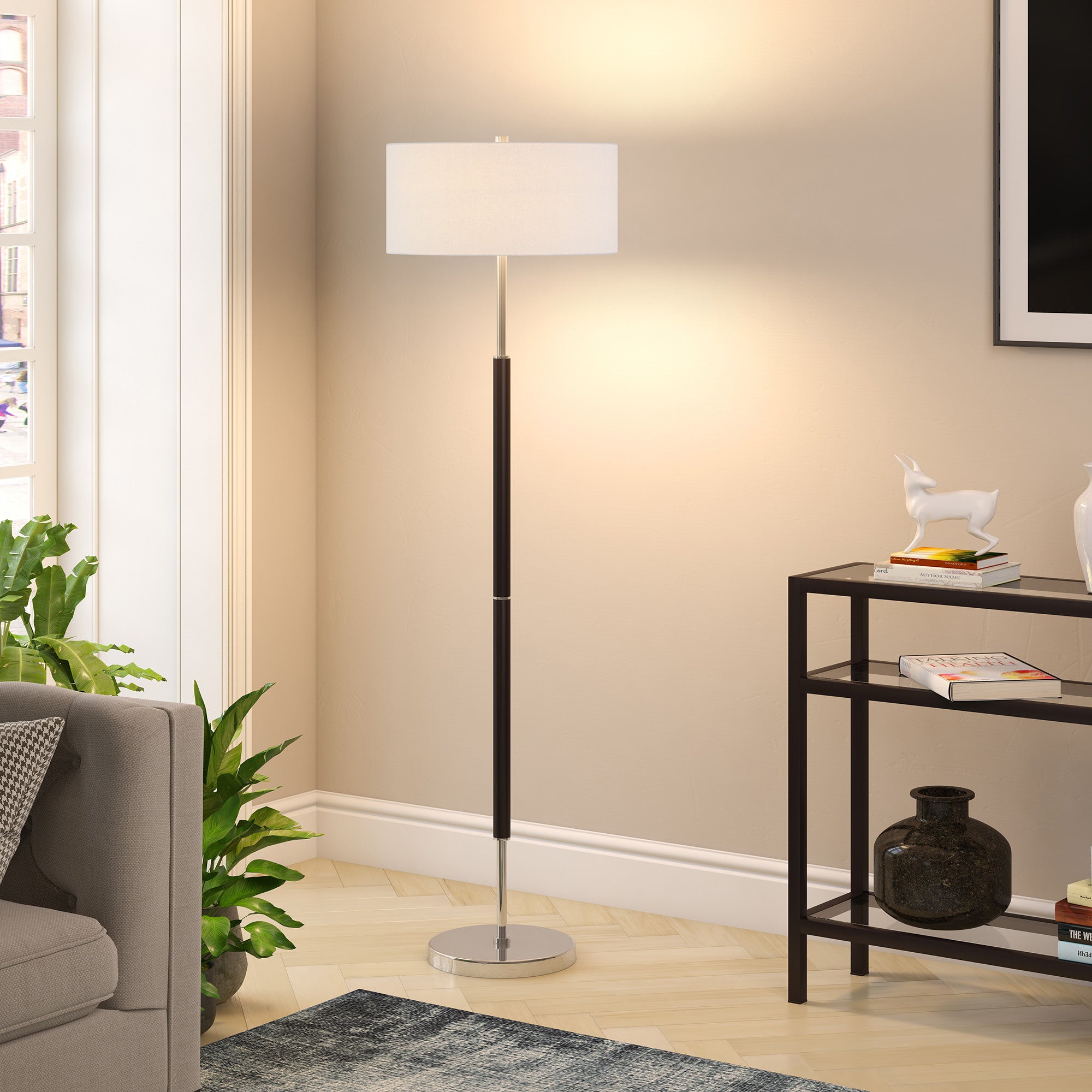 61" Black Two Light Floor Lamp With White Frosted Glass Drum Shade