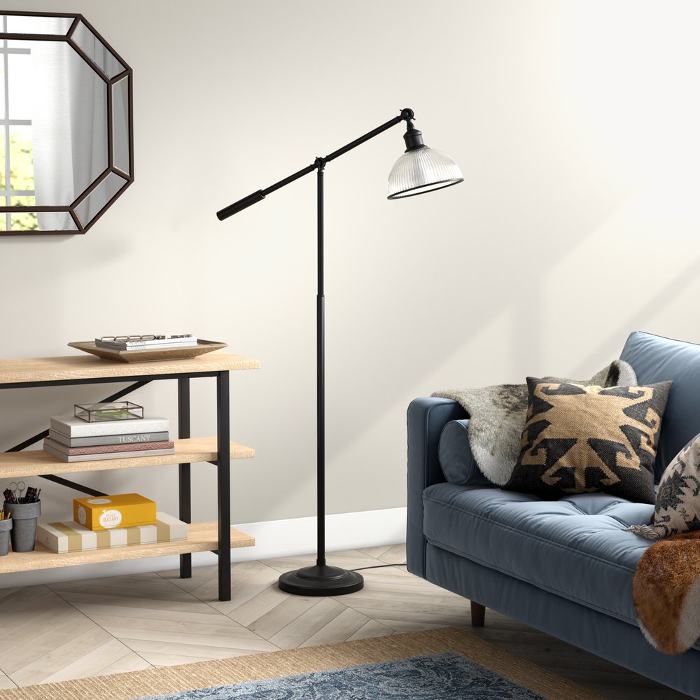 58" Black Swing Arm Floor Lamp With Clear Glass Dome Shade