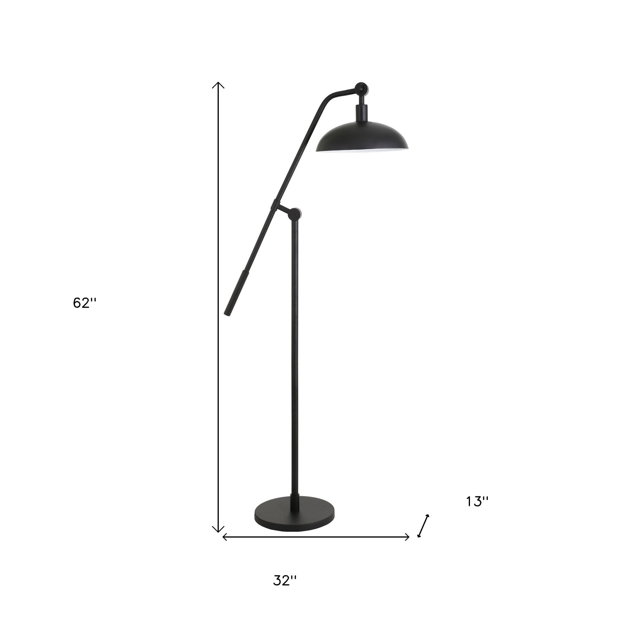 62" Black Reading Floor Lamp With Black Dome Shade