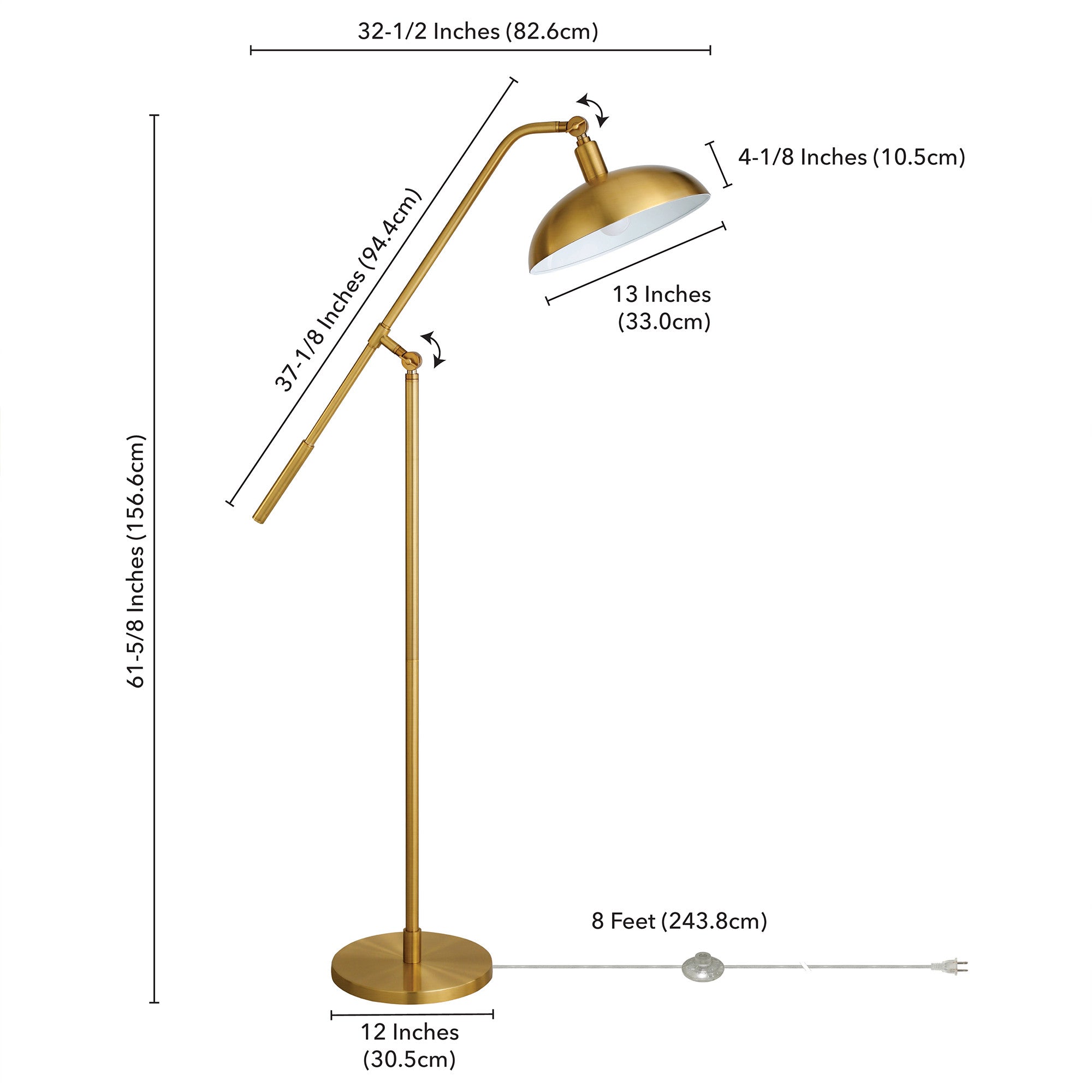 62" Brass Reading Floor Lamp With Brass Dome Shade