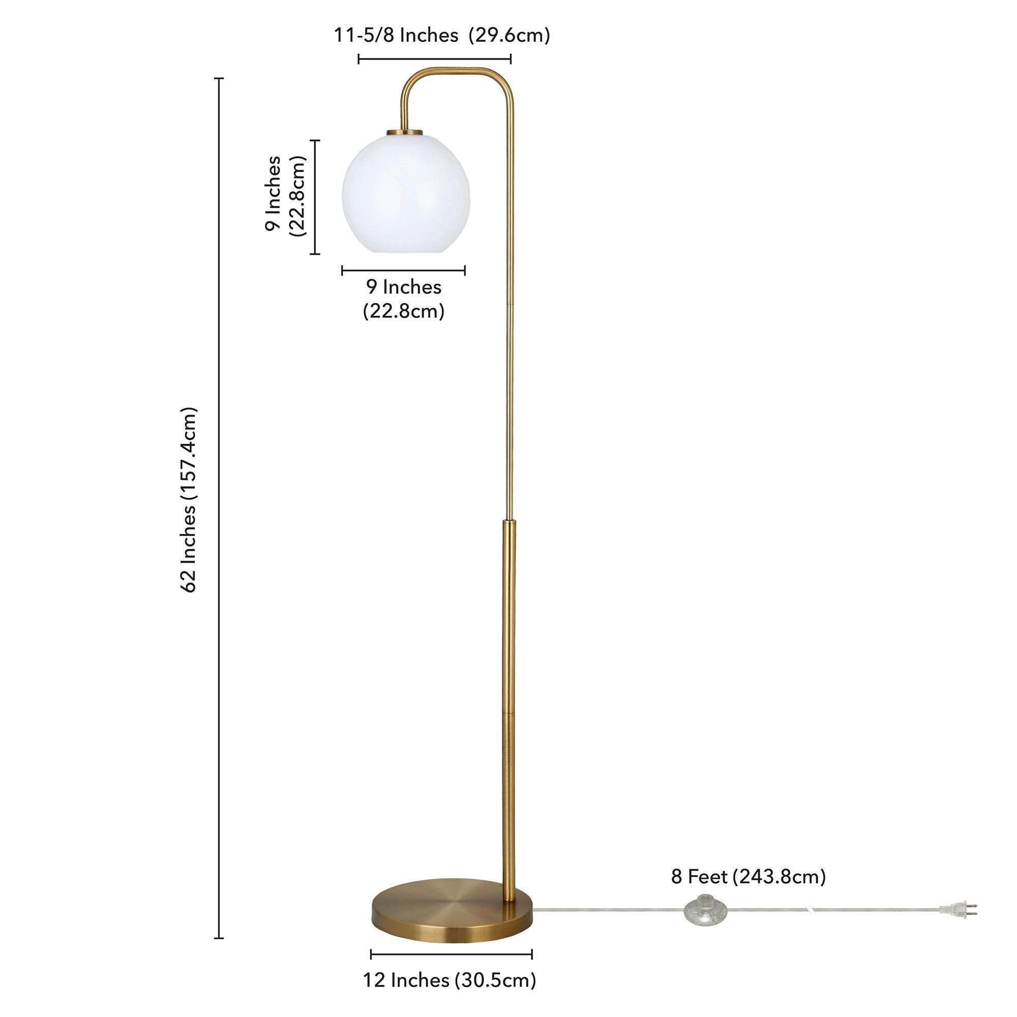 62" Brass Arched Floor Lamp With White Frosted Glass Globe Shade
