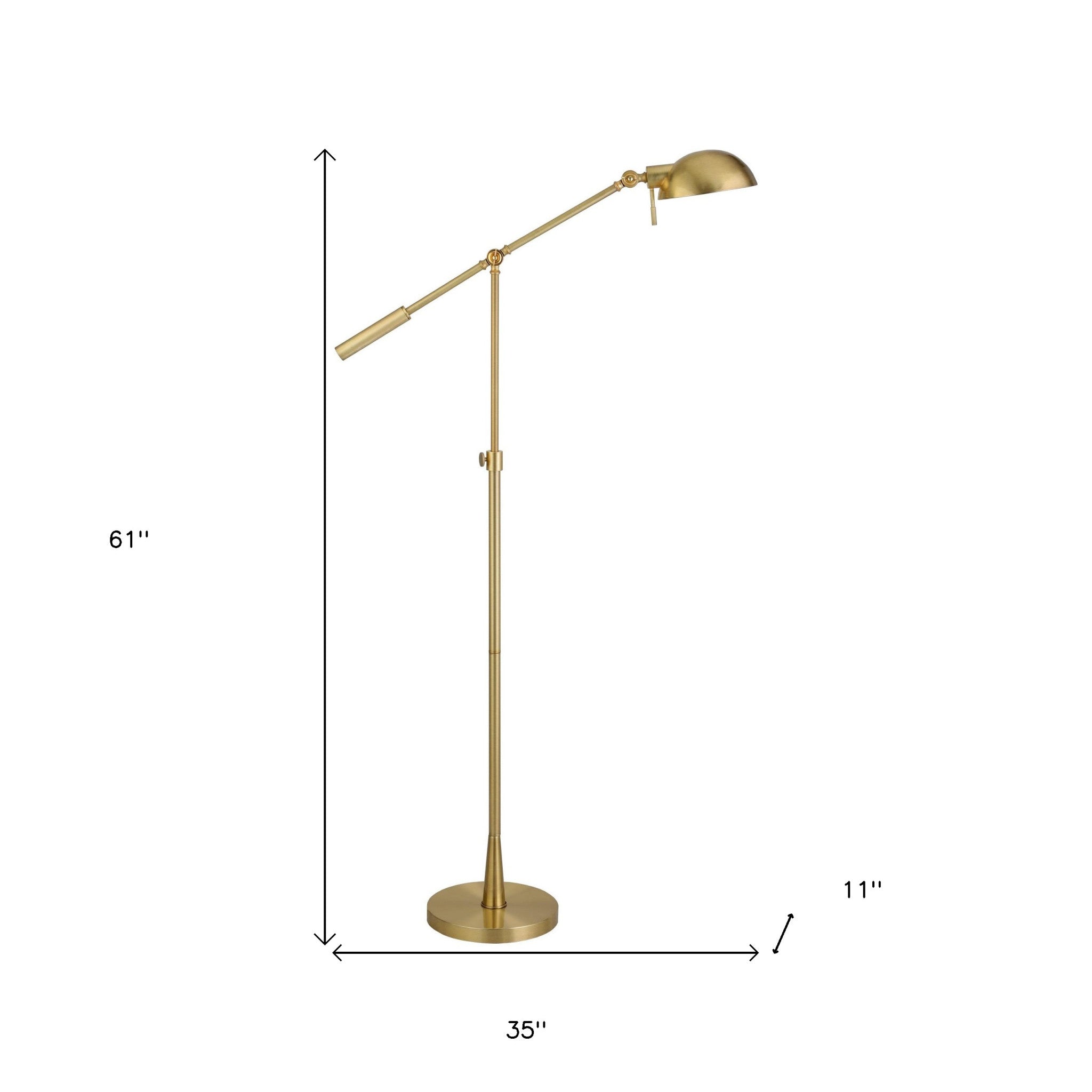 61" Brass Adjustable Swing Arm Floor Lamp With Gold Cone Shade