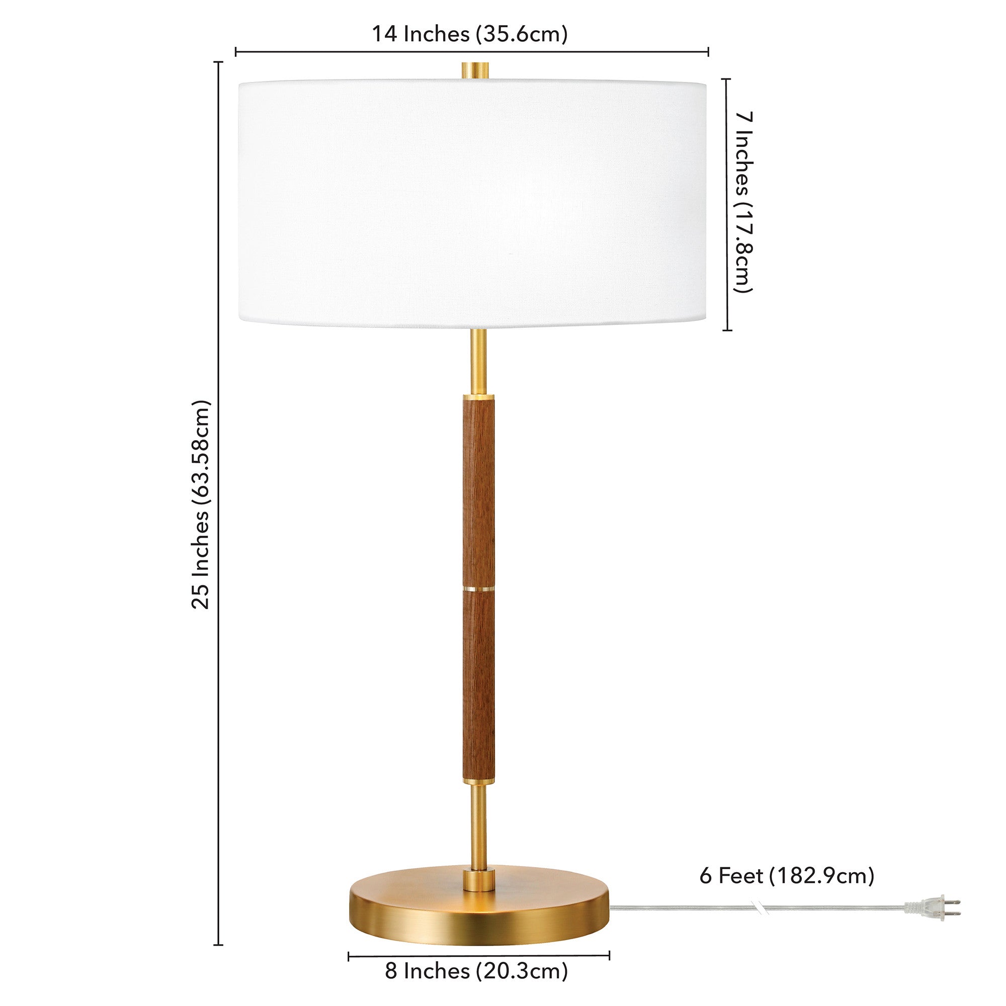 25" Gold and Oak Metal Two Light Table Lamp With White Drum Shade