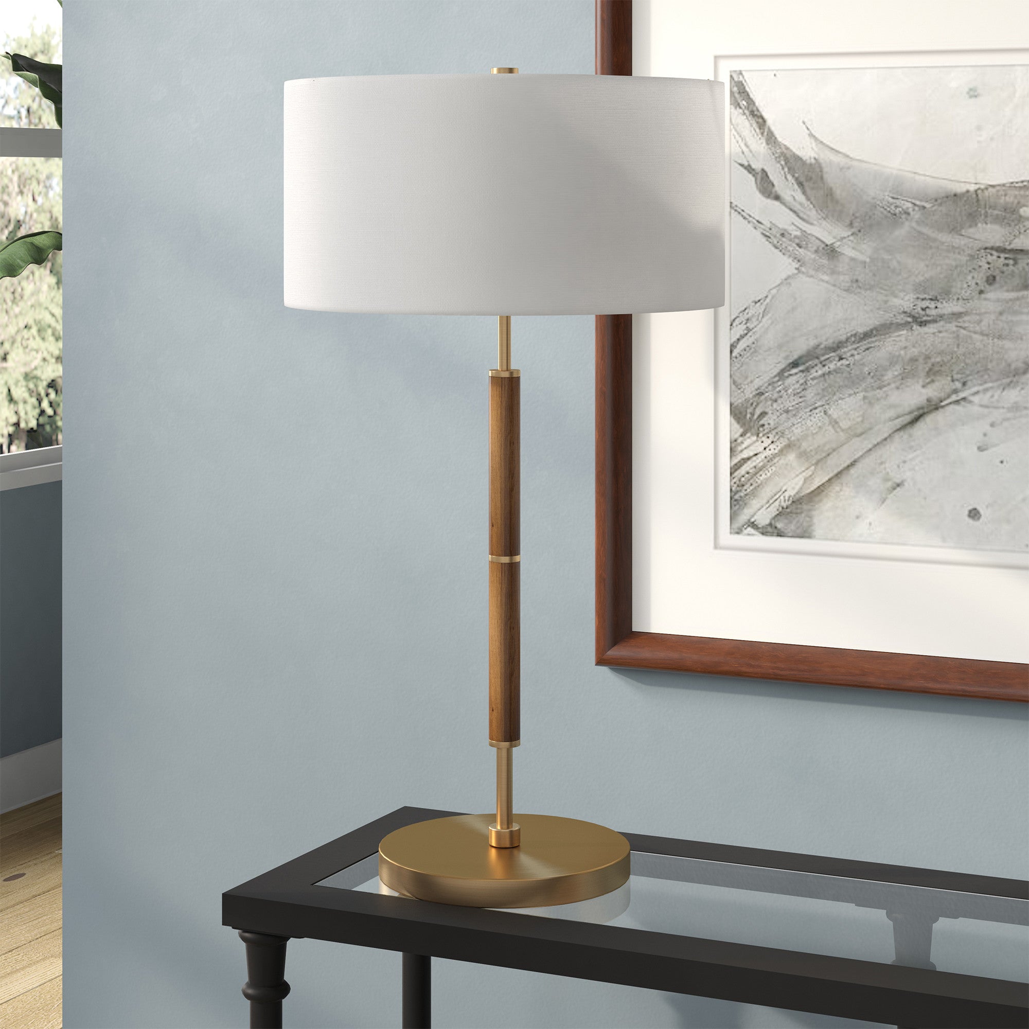 25" Gold and Oak Metal Two Light Table Lamp With White Drum Shade