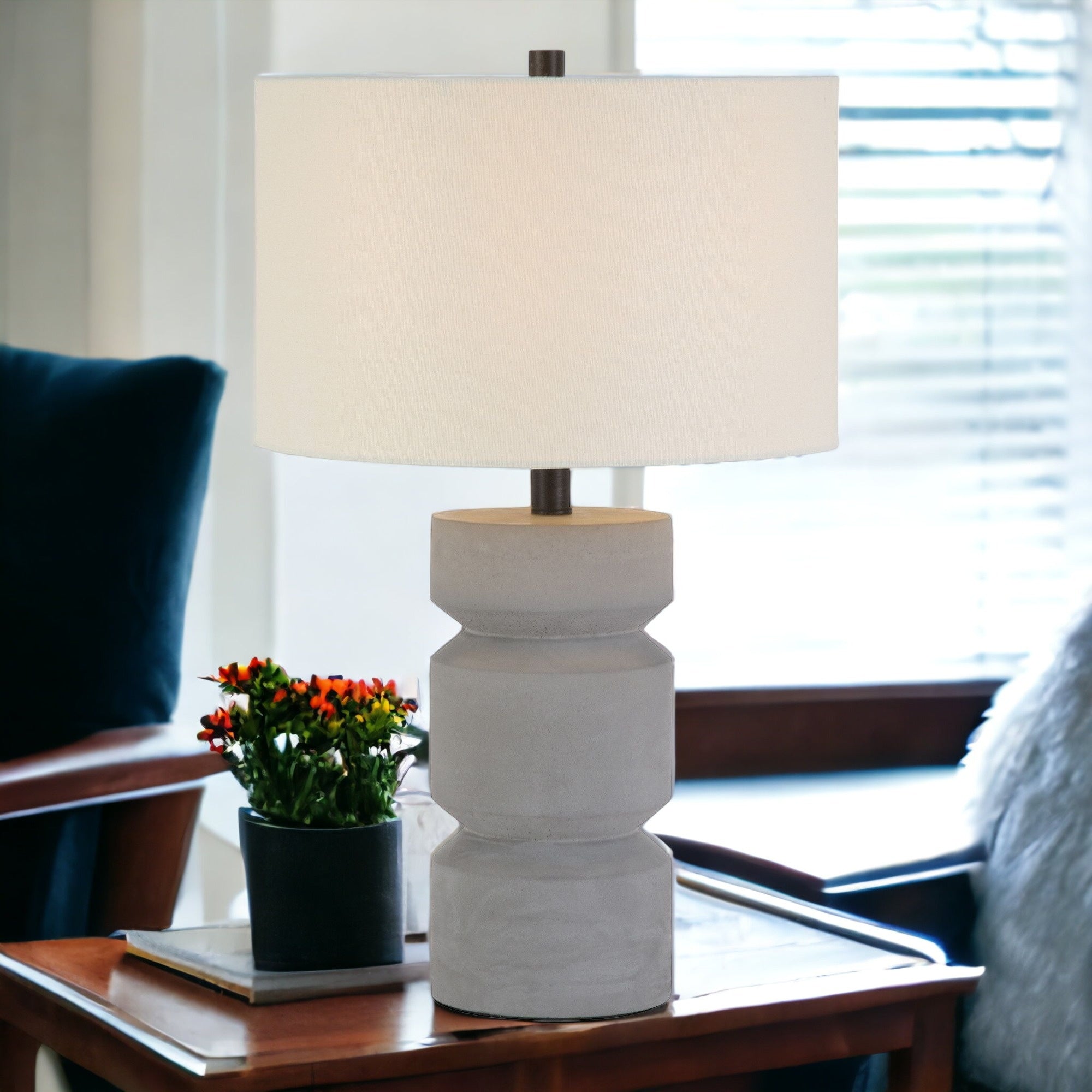 23" Gray Concrete Faceted Column Table Lamp With White Drum Shade