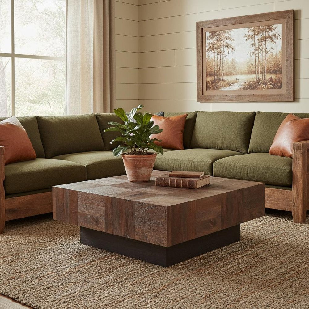 40" Dark Brown and Black Solid Wood Square Block Coffee Table