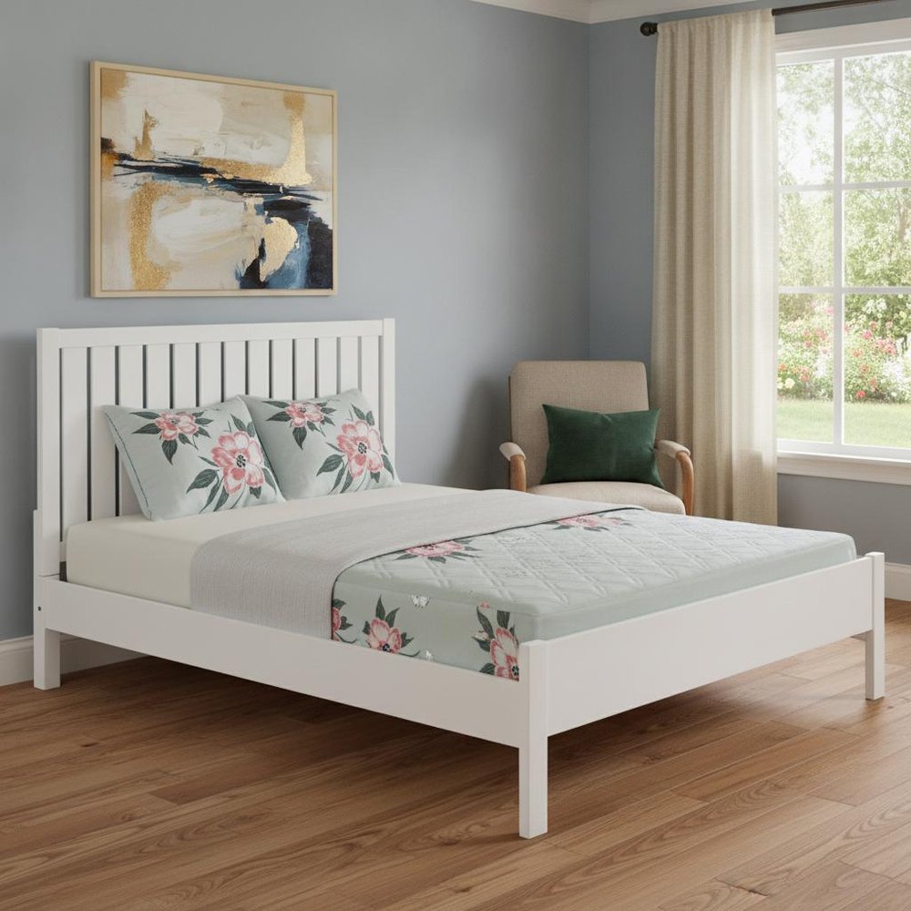 White Shiplap Texture Solid Wood Queen Bed Frame
