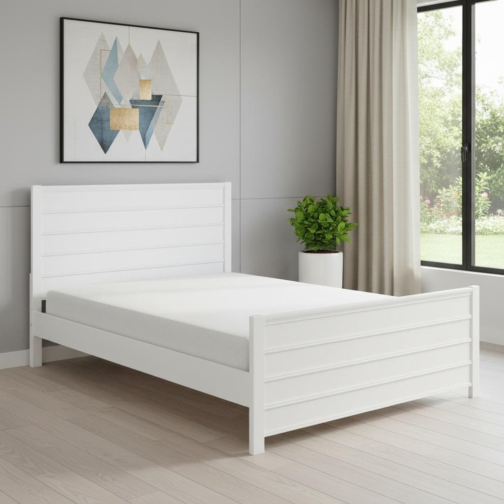White Shiplap Texture Solid Wood Queen Bed Frame