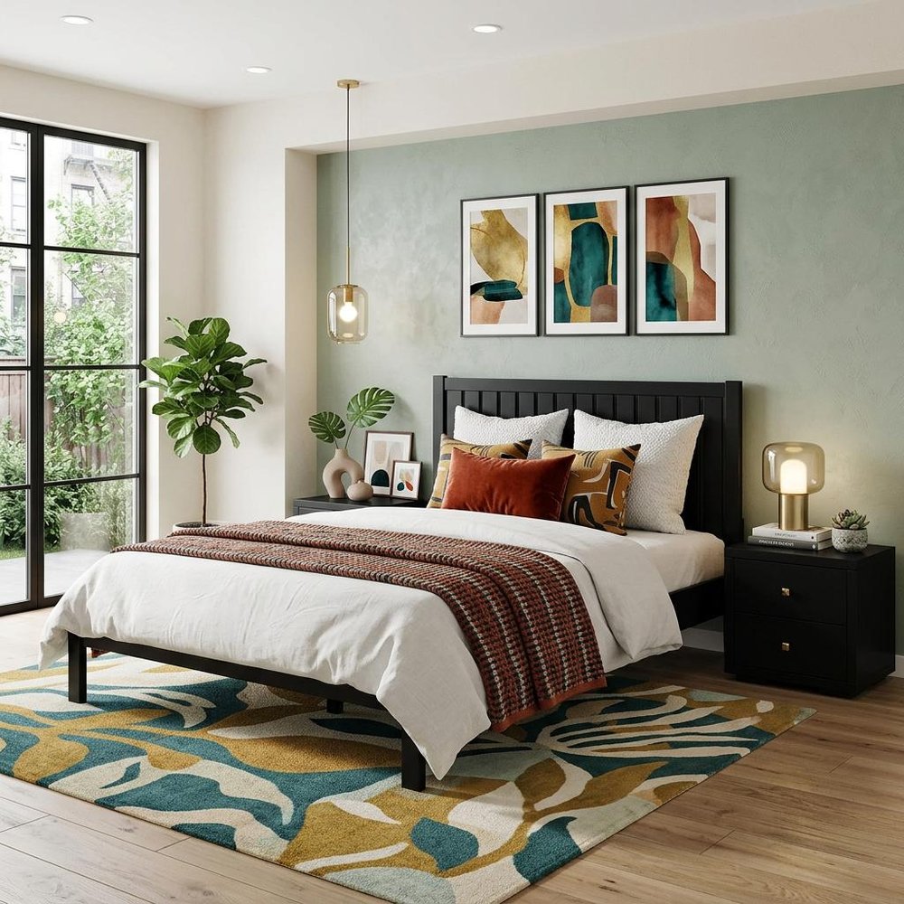 Three Piece Black Solid Wood Bedroom Set